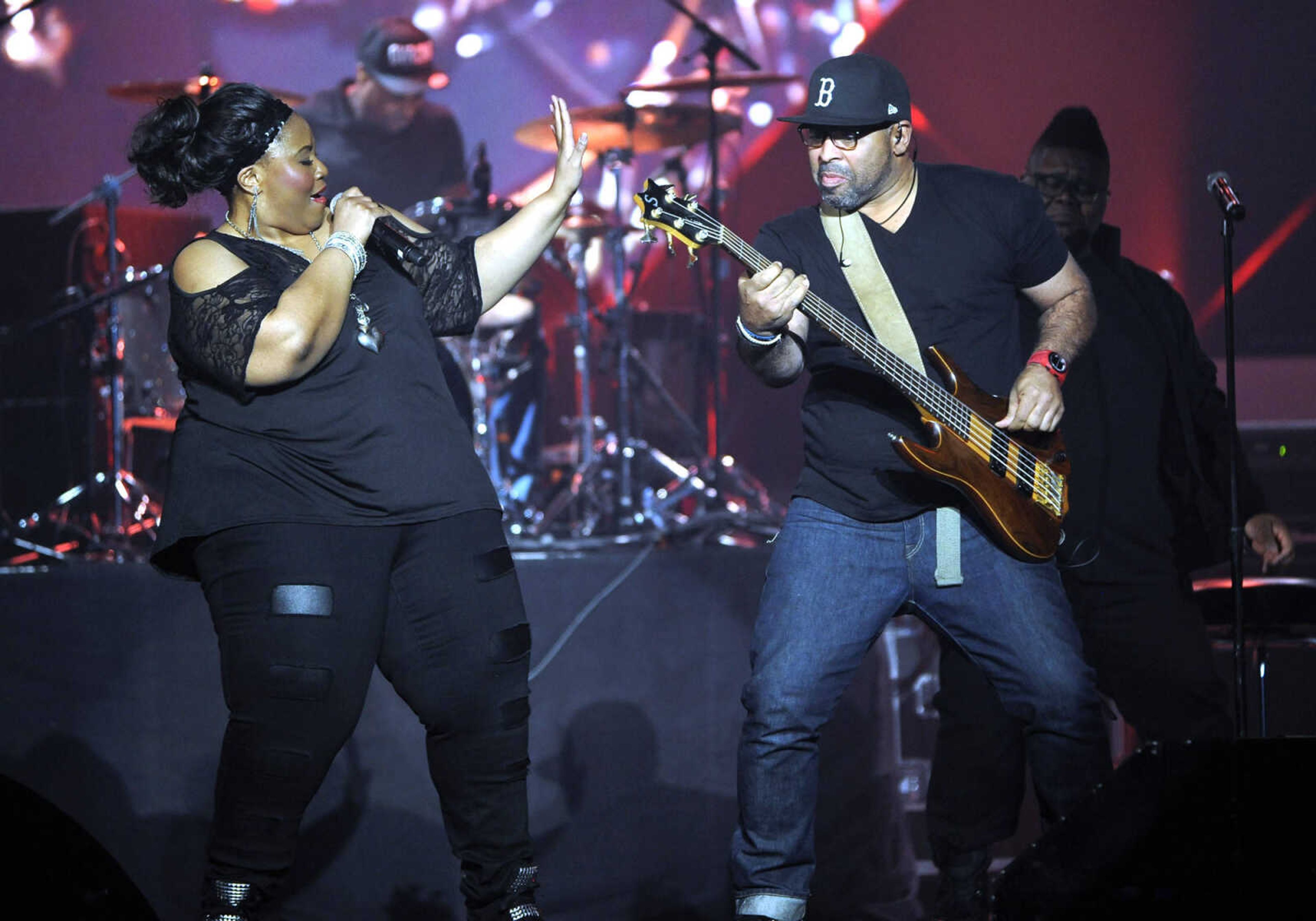 Mandisa and bassist Bernard Harris perform during the Rock & Worship Roadshow on Saturday, Feb. 13, 2016 at the Show Me Center.