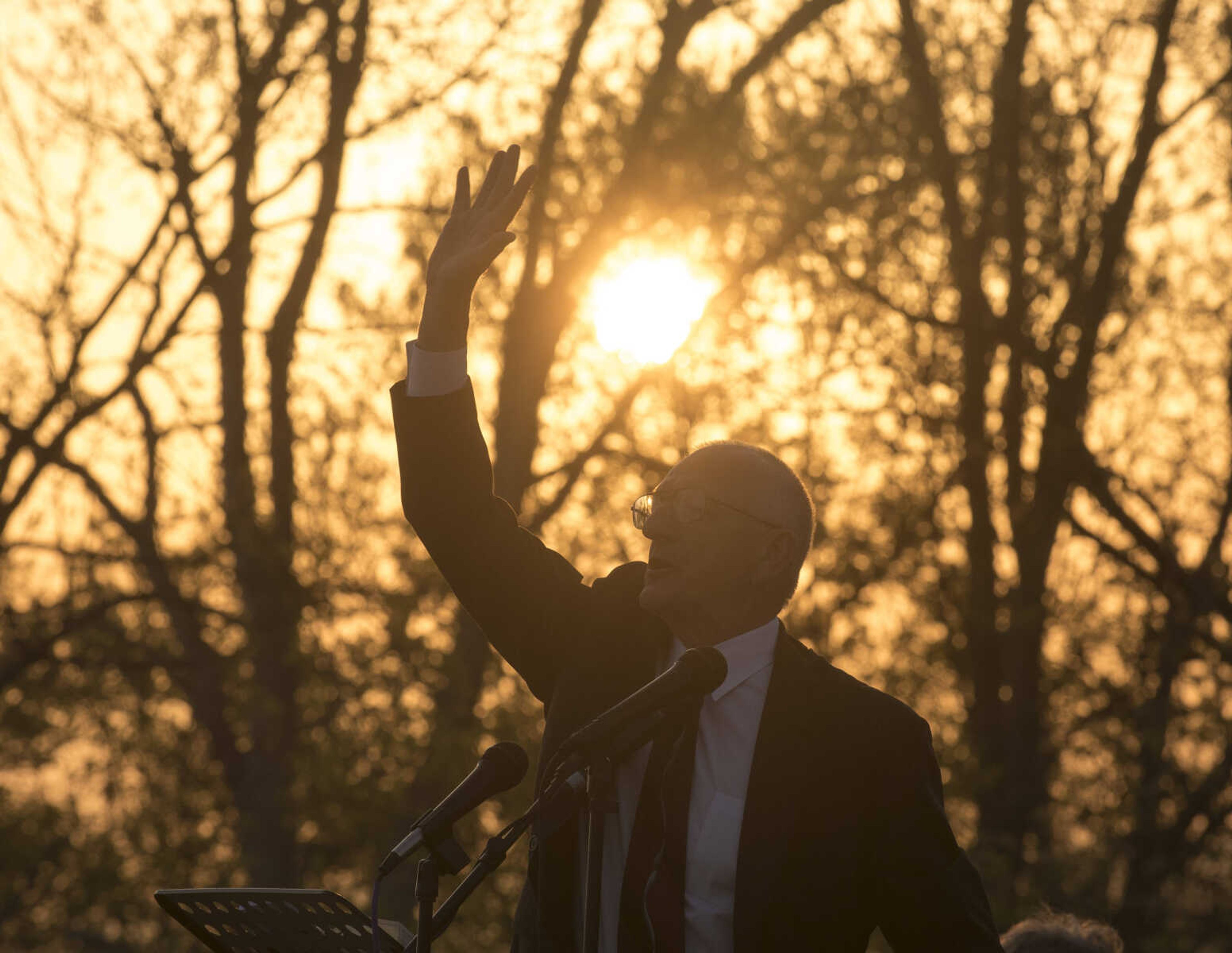 Pastor Ed Hoke gives a sermon during the 81st annual Easter Sunrise Service at the Bald Knob Cross of Peace Sunday, April 16, 2017 in Alto Pass, Illinois.