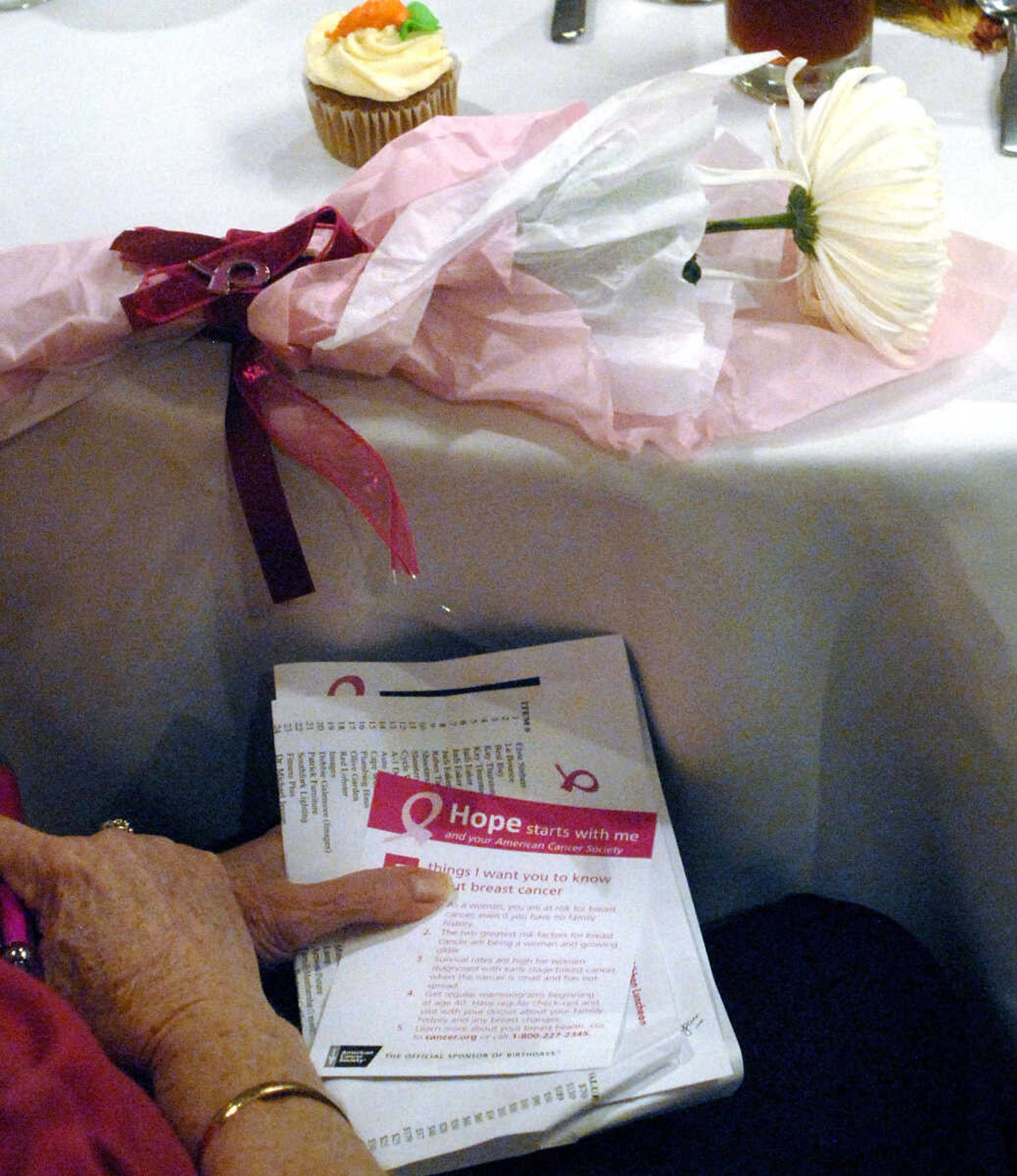 LAURA SIMON ~ lsimon@semissourian.com
Breast cancer survivors receive flowers during the survivor recognition during the 8th annual American Cancer Society Pink Ribbon Luncheon Wednesday, October 12, 2011 at Drury Lodge in Cape Girardeau. The luncheon featured a silent auction, live purse auction, speakers Lisa howe, Julie Metzger, Priscilla Mabuse and Lori Faire. All proceeds of the luncheon benefit cancer patients in southeast Missouri through the American Cancer Society's Cape Area Patient Service Fund.