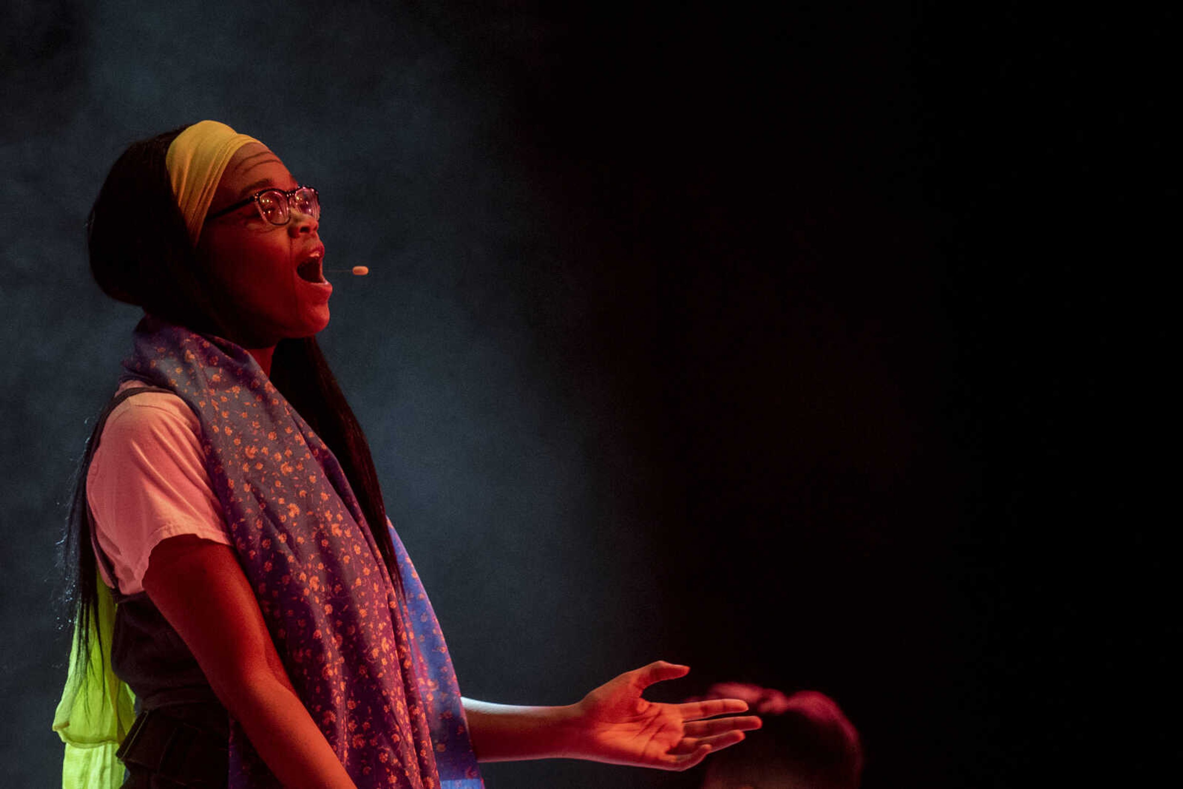 Peighton Robinson, 17, sings "Money, Money, Money" while portraying the character Donna Sheridan during the first act of at Cape Central High School's spring musical production of "Mamma Mia!" Wednesday, April 10, 2019, in Cape Girardeau.