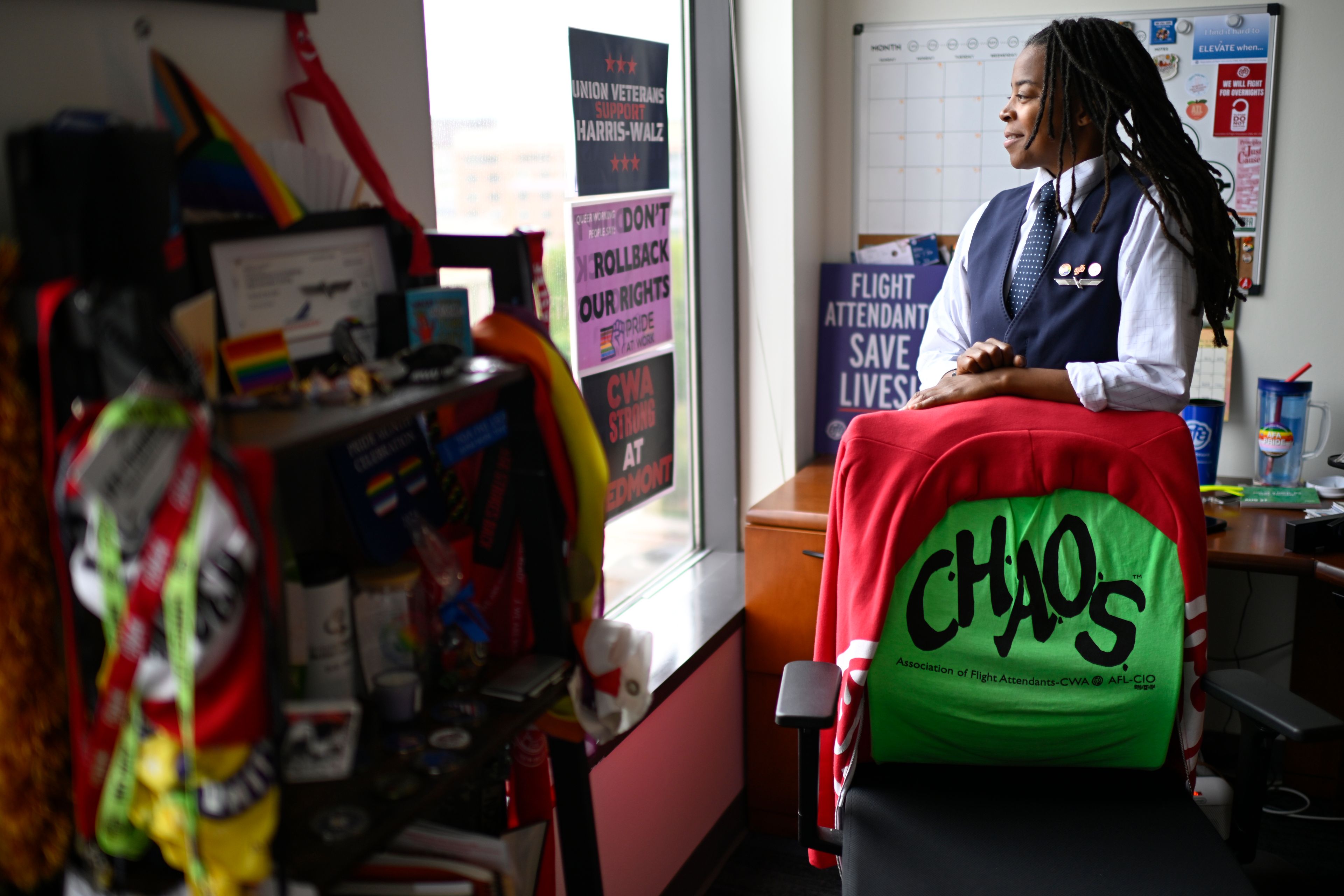 Keturah Johnson, international vice president for flight attendant union AFA-CWA, poses for a portrait in her headquarters office, Wednesday, Sept. 18, 2024, in Washington. (AP Photo/John McDonnell)