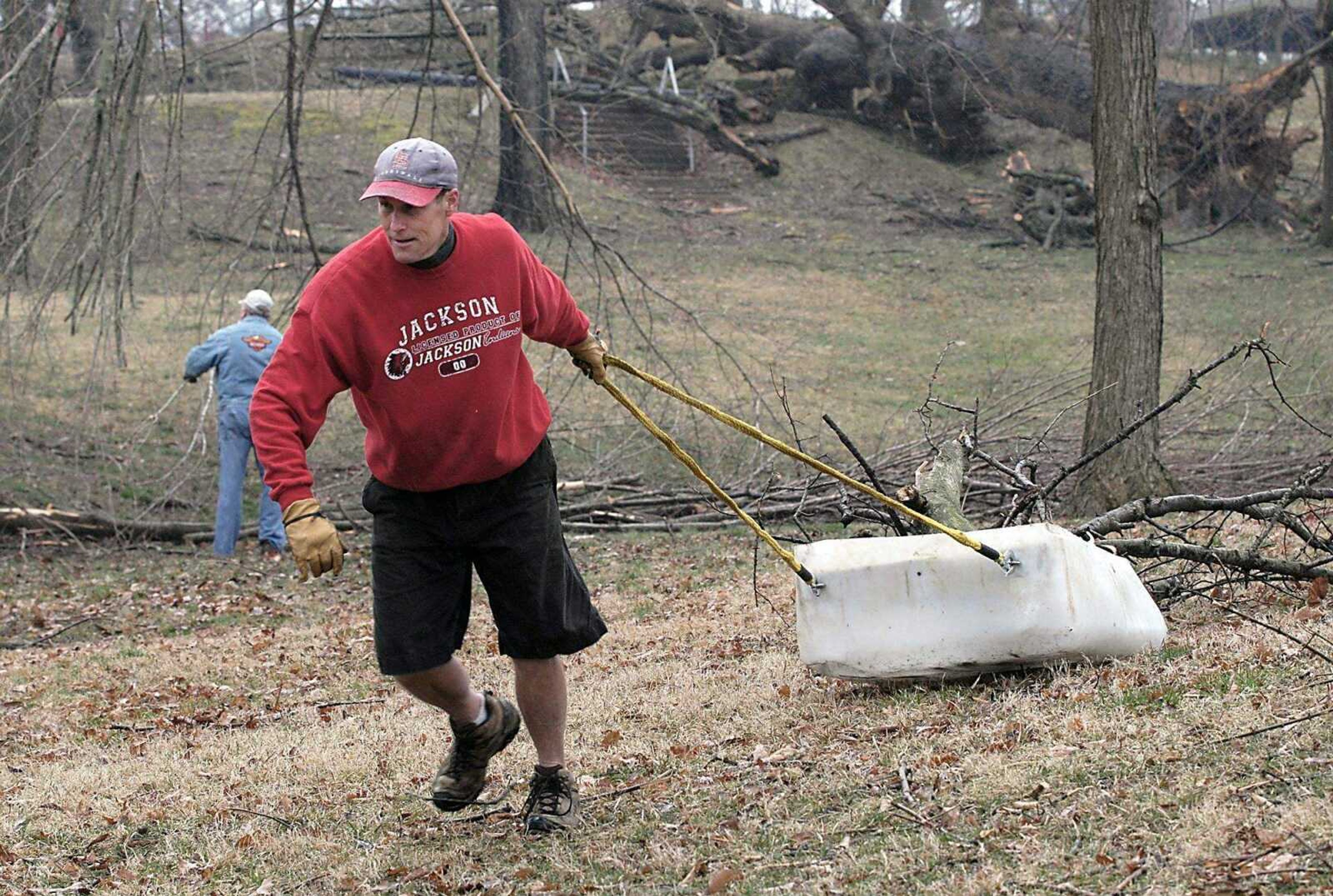 FRED LYNCH ~ flynch@semissourian.com
Doug Mueller used his "duck-hunting sled" to drag tree limbs for collection Saturday in Jackson City Park.