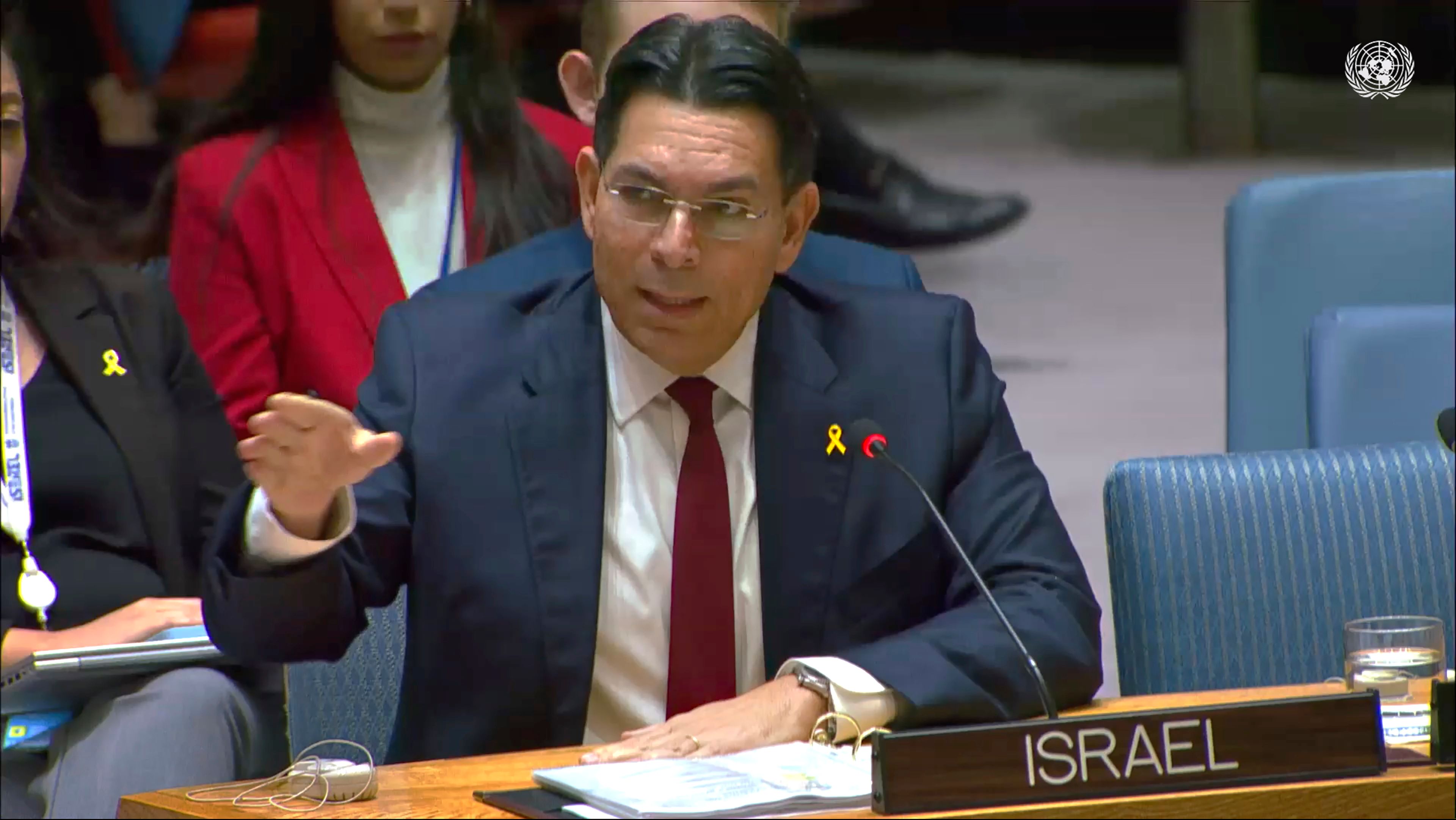 This image from United Nations Television, shows Israel Ambassador Danny Danon during a meeting of the United Nations Security Council, Wednesday, Oct. 2, 2024. (UNTV via AP)