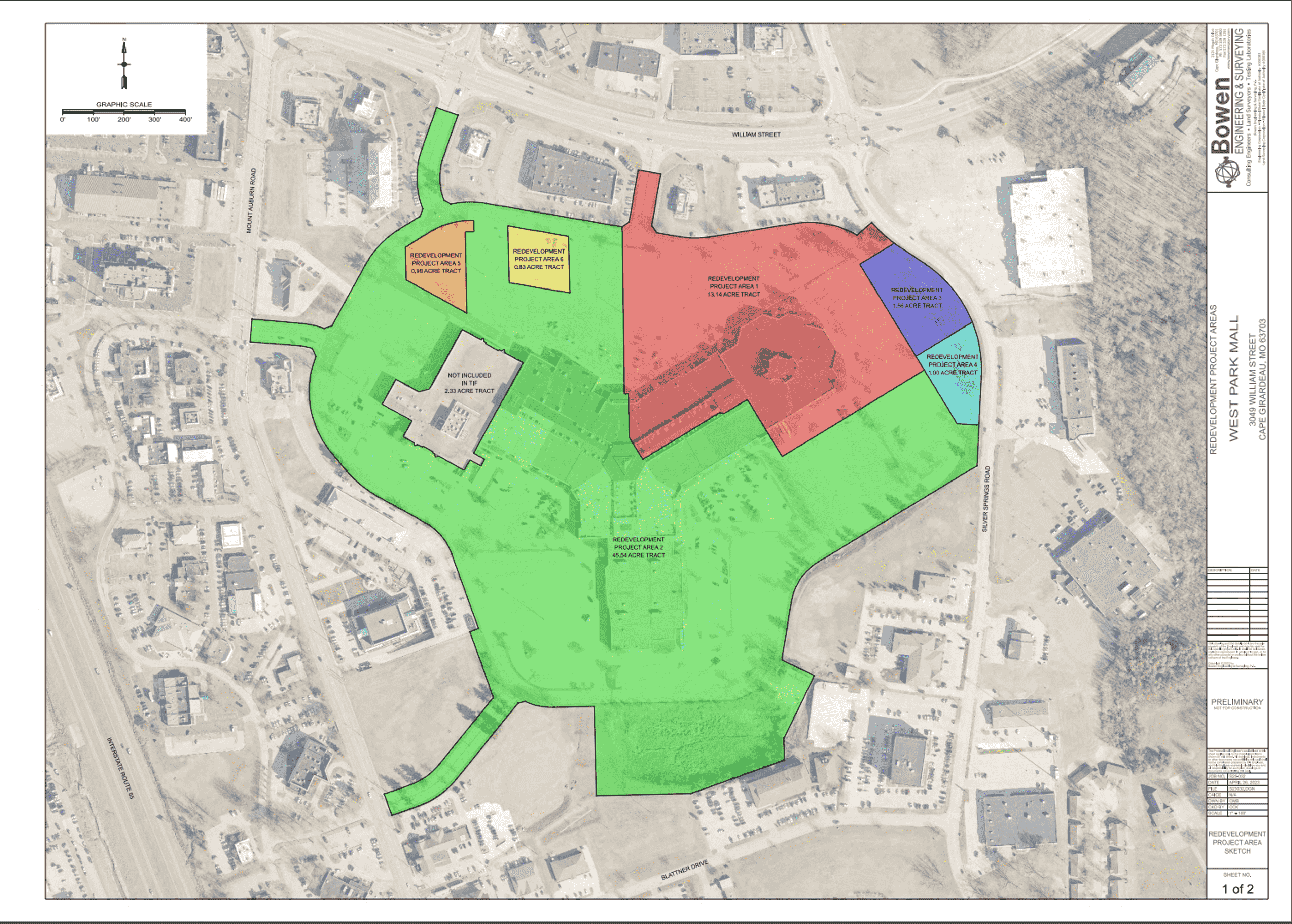 Redevelopment Project Area 1 is highlighted in red as a part of the map of the included projects for the redevelopment of the West Park Mall in a sketch attached to the agenda report.