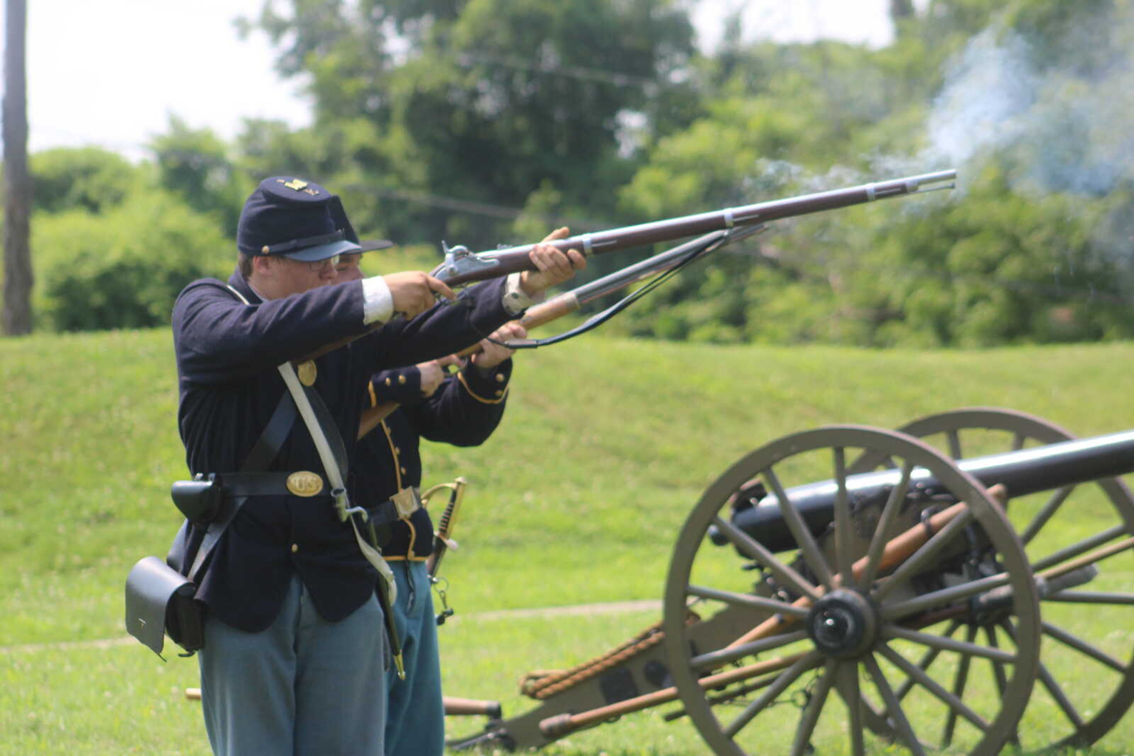 Andrew Porter, 15, demonstrates firing a replica rifle at&nbsp; Fort D Historic Site in Cape Girardeau  on Sunday, July 4, 2021.&nbsp;