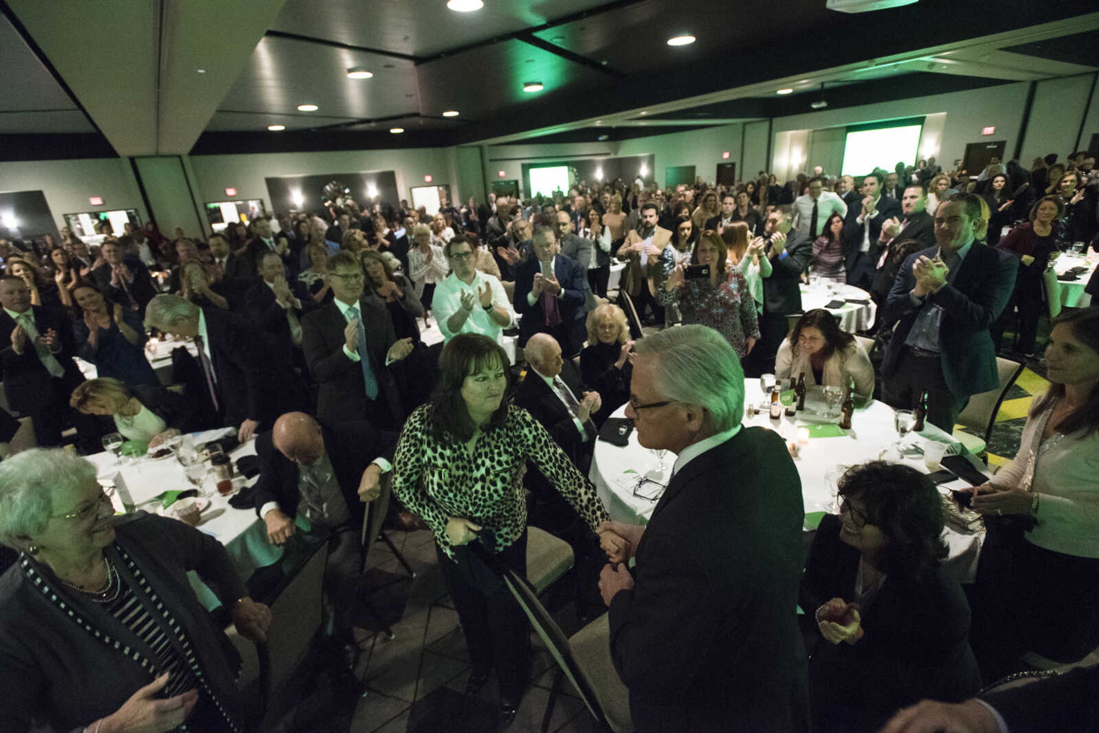 Chuck Drury receives a standing ovation after giving a speech at the Cape Girardeau Area Chamber of Commerce's annual dinner held Jan. 26, 2018, at the Drury Plaza Conference Center in Cape Girardeau.