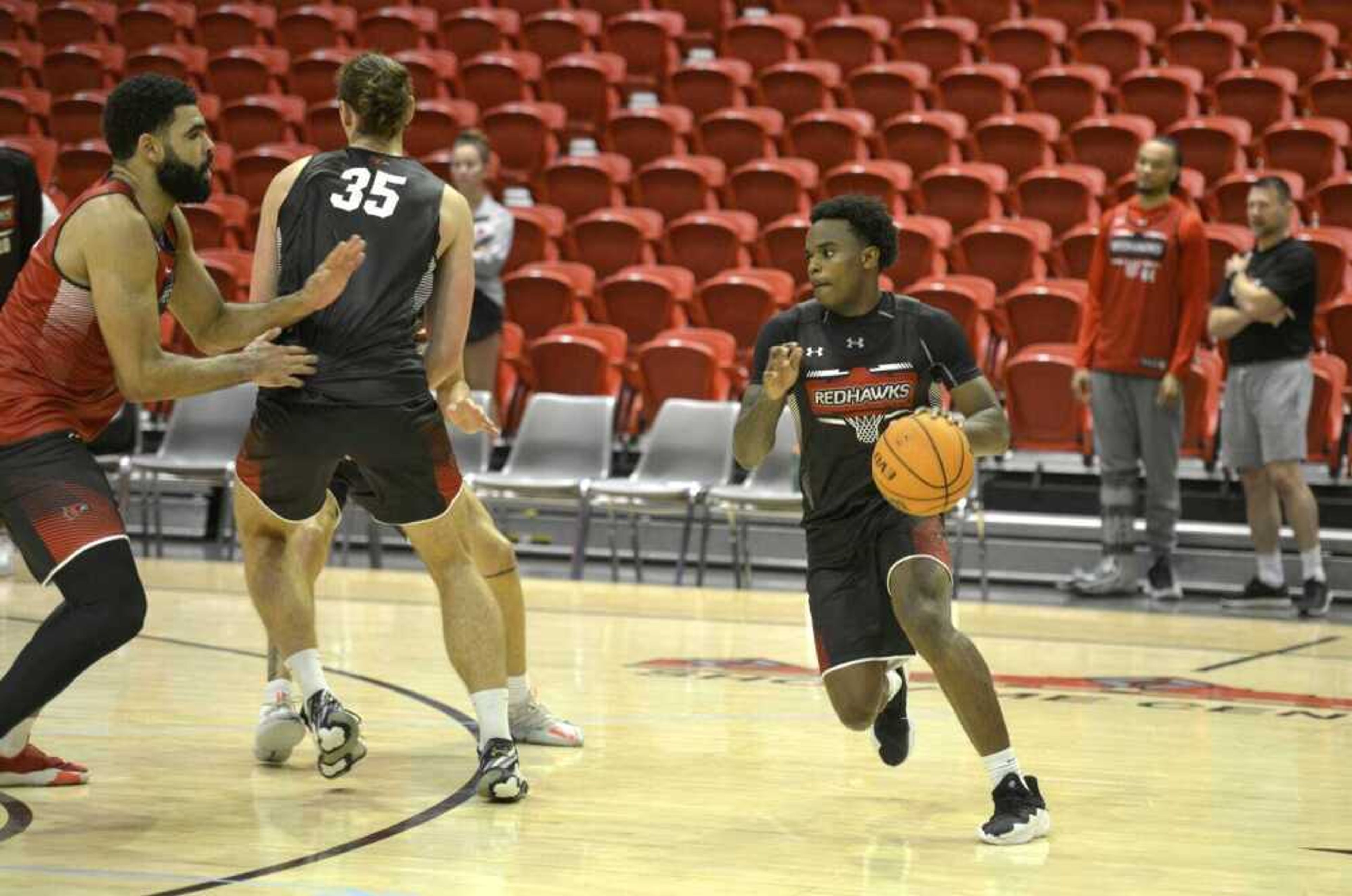 Southeast Missouri State sophomore BJ Ward dribbles near the arc during the first day of practice Sept. 24 at the Show Me Center in Cape Girardeau.