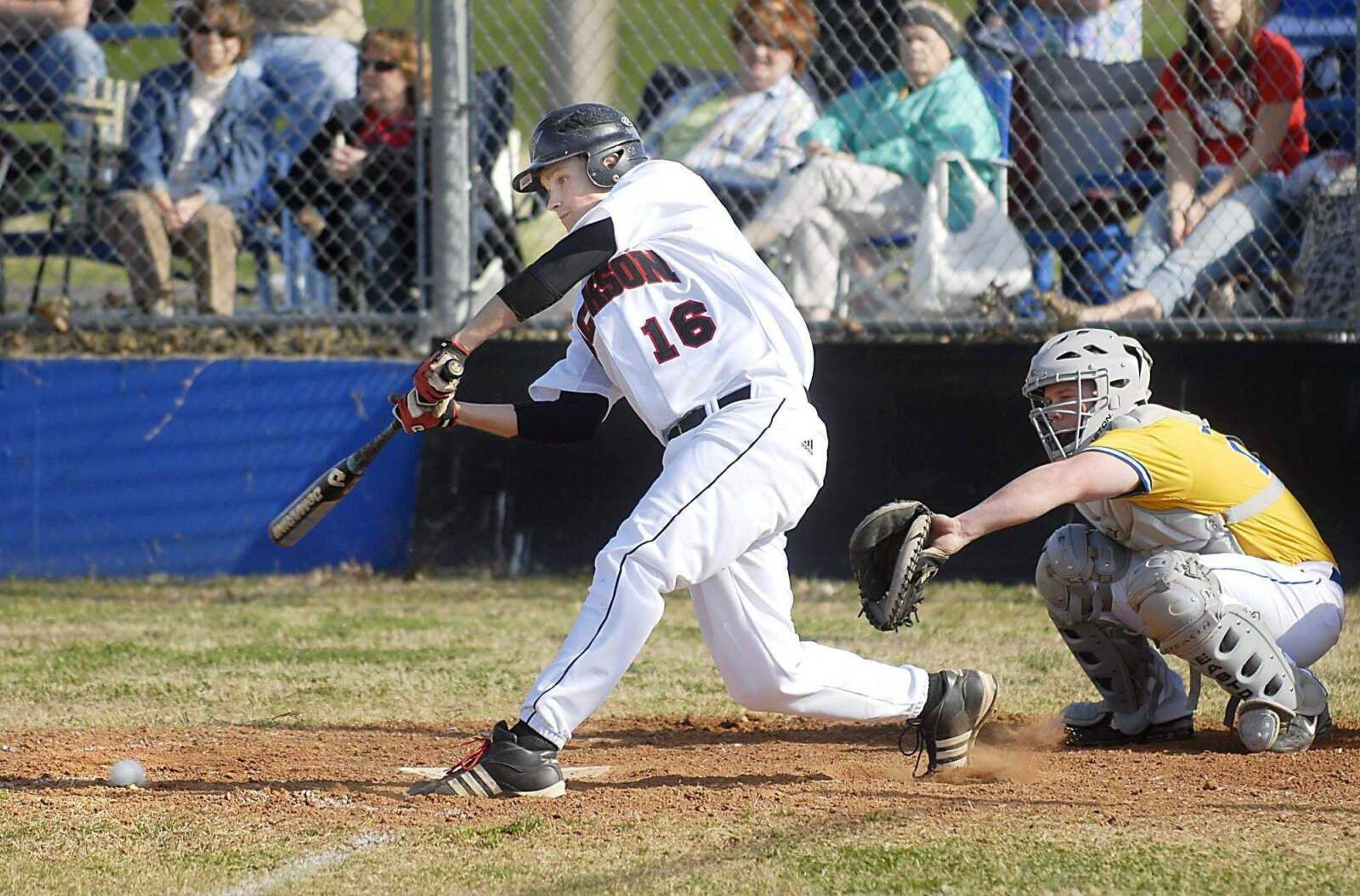 KIT DOYLE ~ kdoyle@semissourian.comJackson's Bobby Clark drives a ball into the dirt Monday, March 23, 2009, in Scott City.