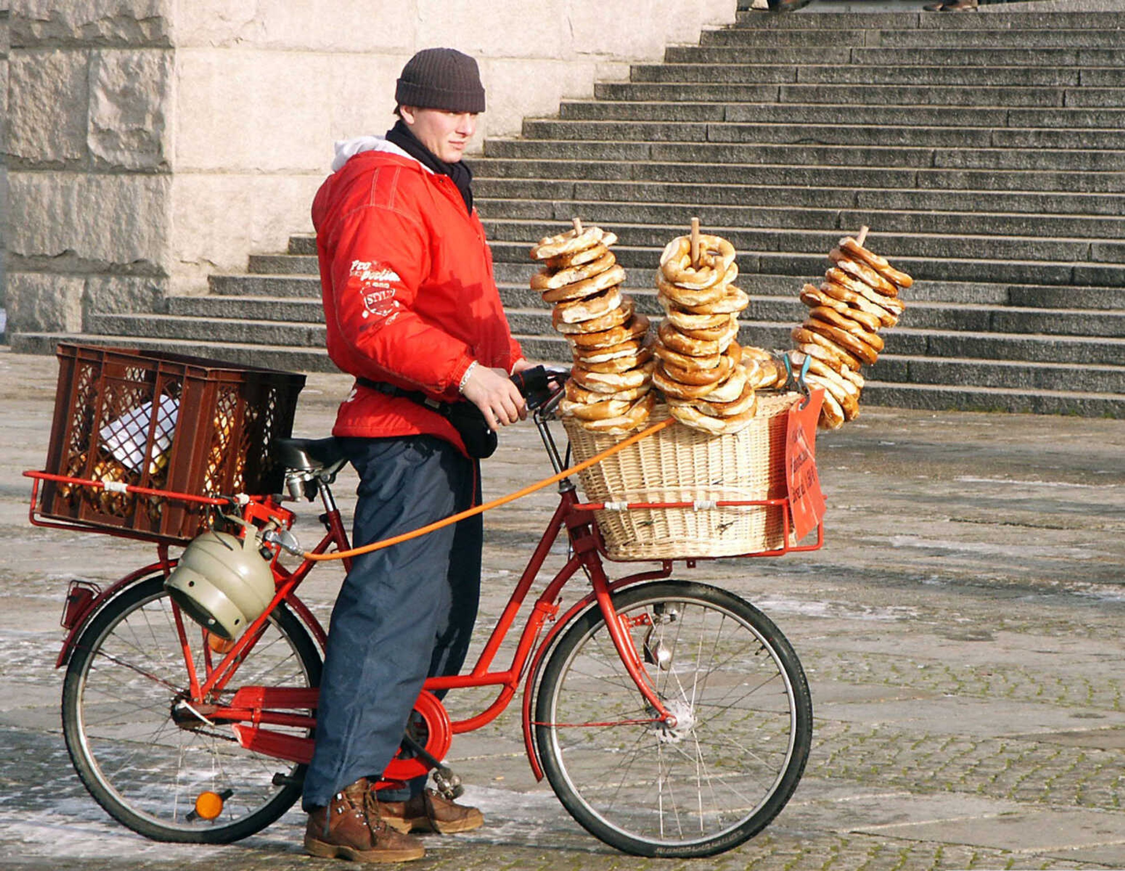 Stacks of pretzels offered for sale outside the Reichstag in Berlin.