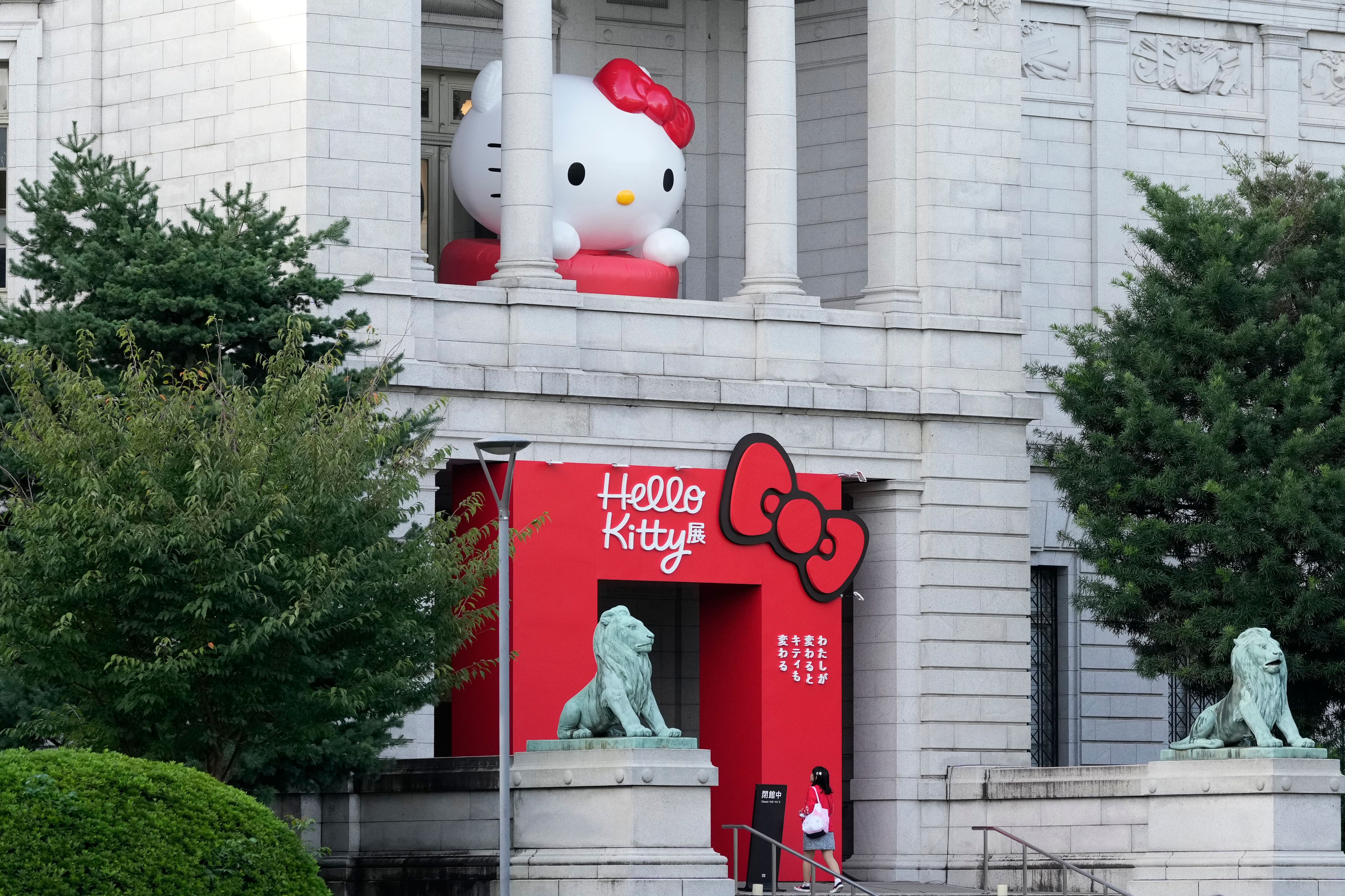 Hello Kitty display is seen at the Tokyo National Museum where the exhibition "As I change, so does she," is held, marking the 50th anniversary of Hello Kitty in Tokyo Wednesday, Oct. 30, 2024. (AP Photo/Shuji Kajiyama)