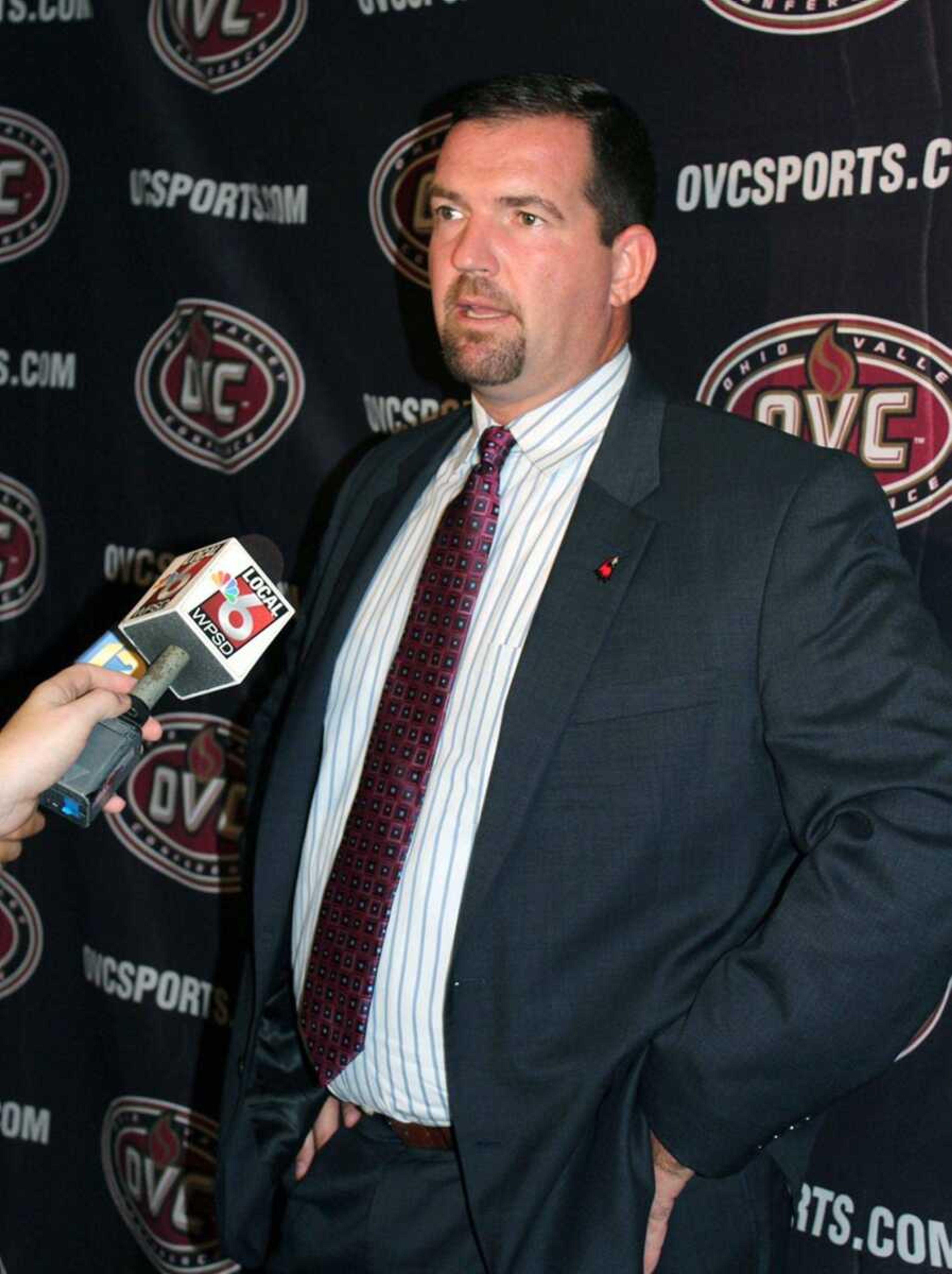 Southeast Missouri State football coach Tom Matukewicz answers questions at OVC media day Monday in Nashville, Tennessee. (Southeast sports information)