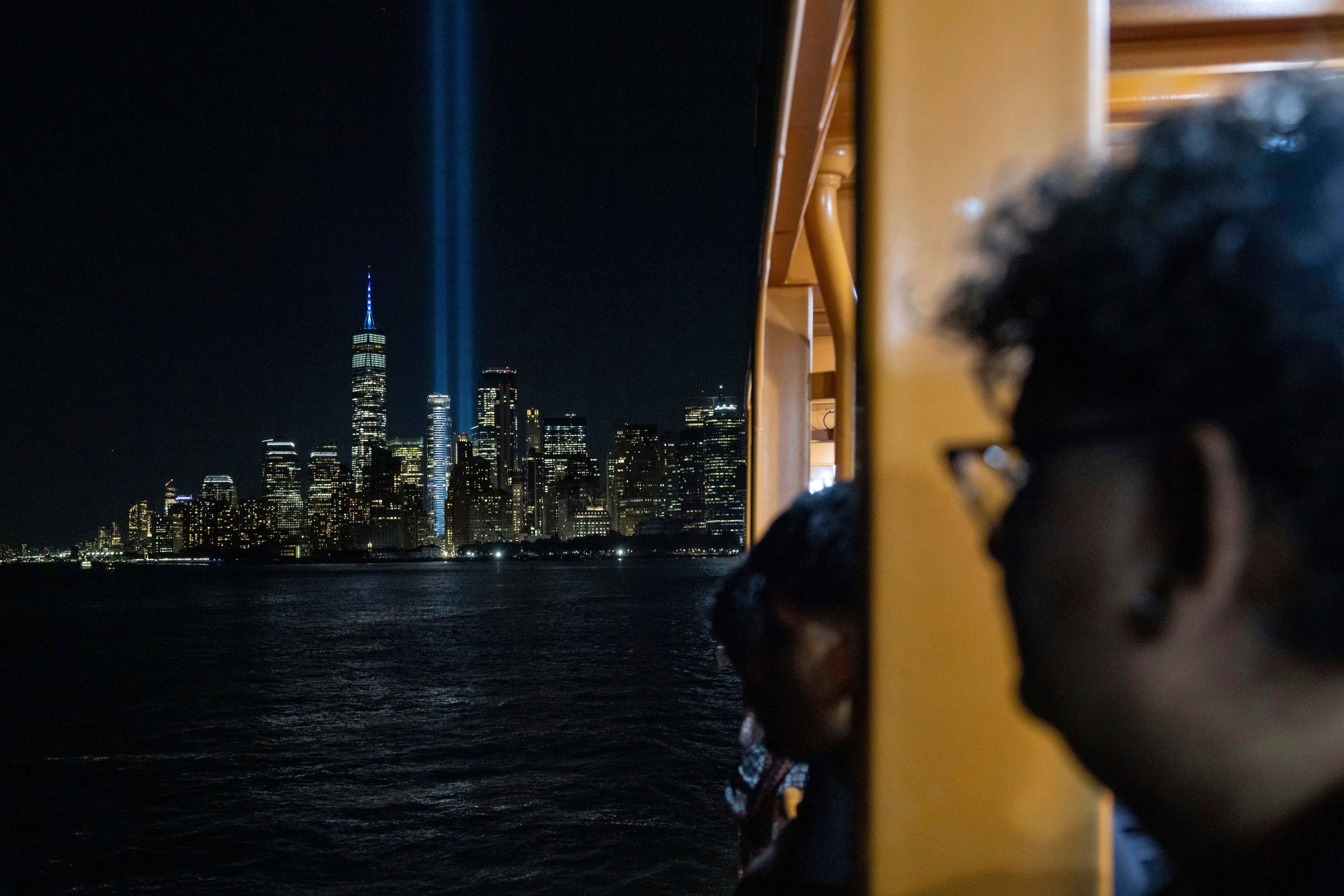 The Tribute in Light is seen in the sky in New York's Lower Manhattan from the Staten Island Ferry on the 23rd anniversary of the Sept. 11, 2001, attacks, Wednesday, Sept. 11, 2024, in New York. (AP Photo/Yuki Iwamura)