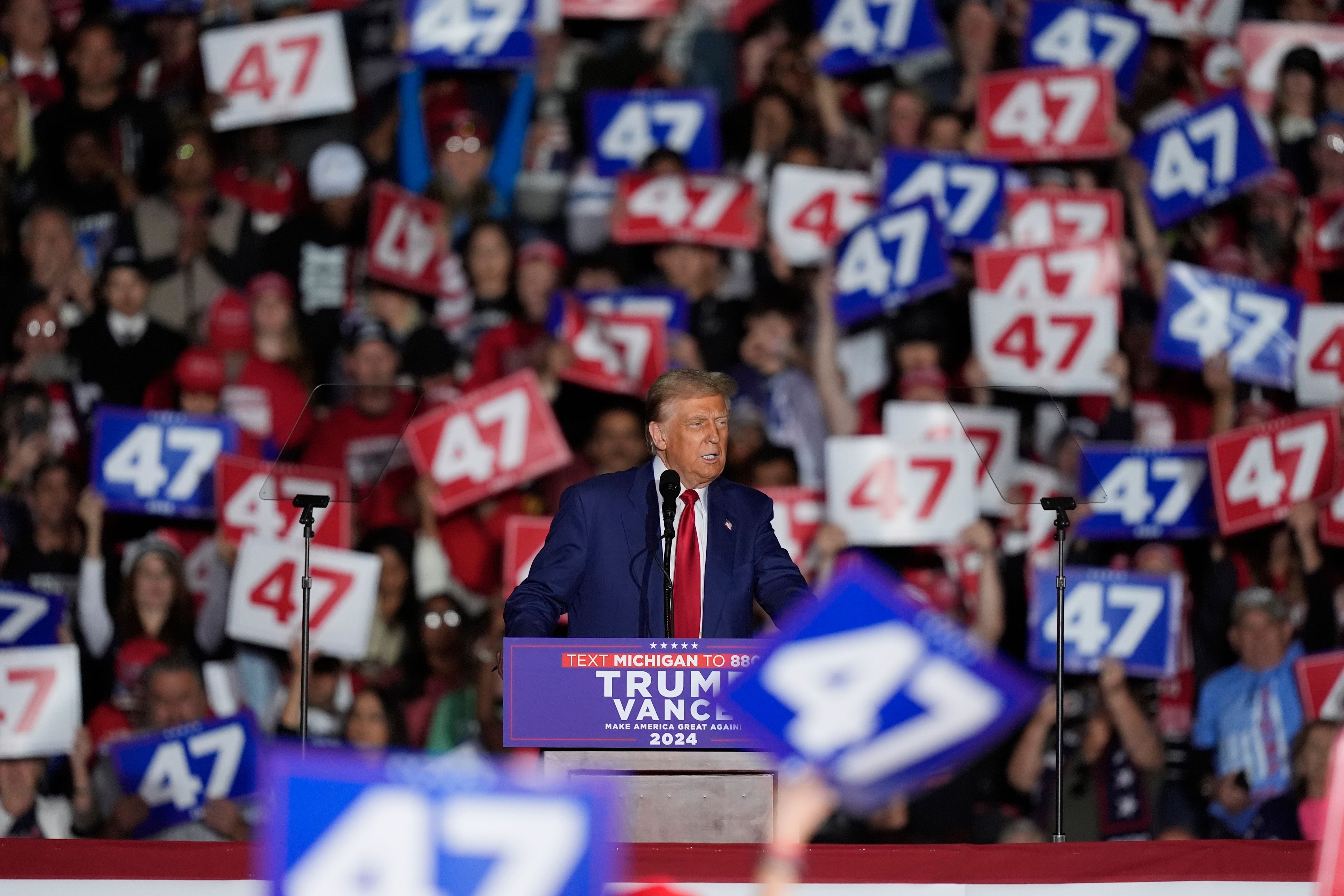 Republican presidential nominee former President Donald Trump speaks during a campaign rally at the Suburban Collection Showplace, Saturday, Oct. 26, 2024 in Novi, Mich. (AP Photo/Carlos Osorio)