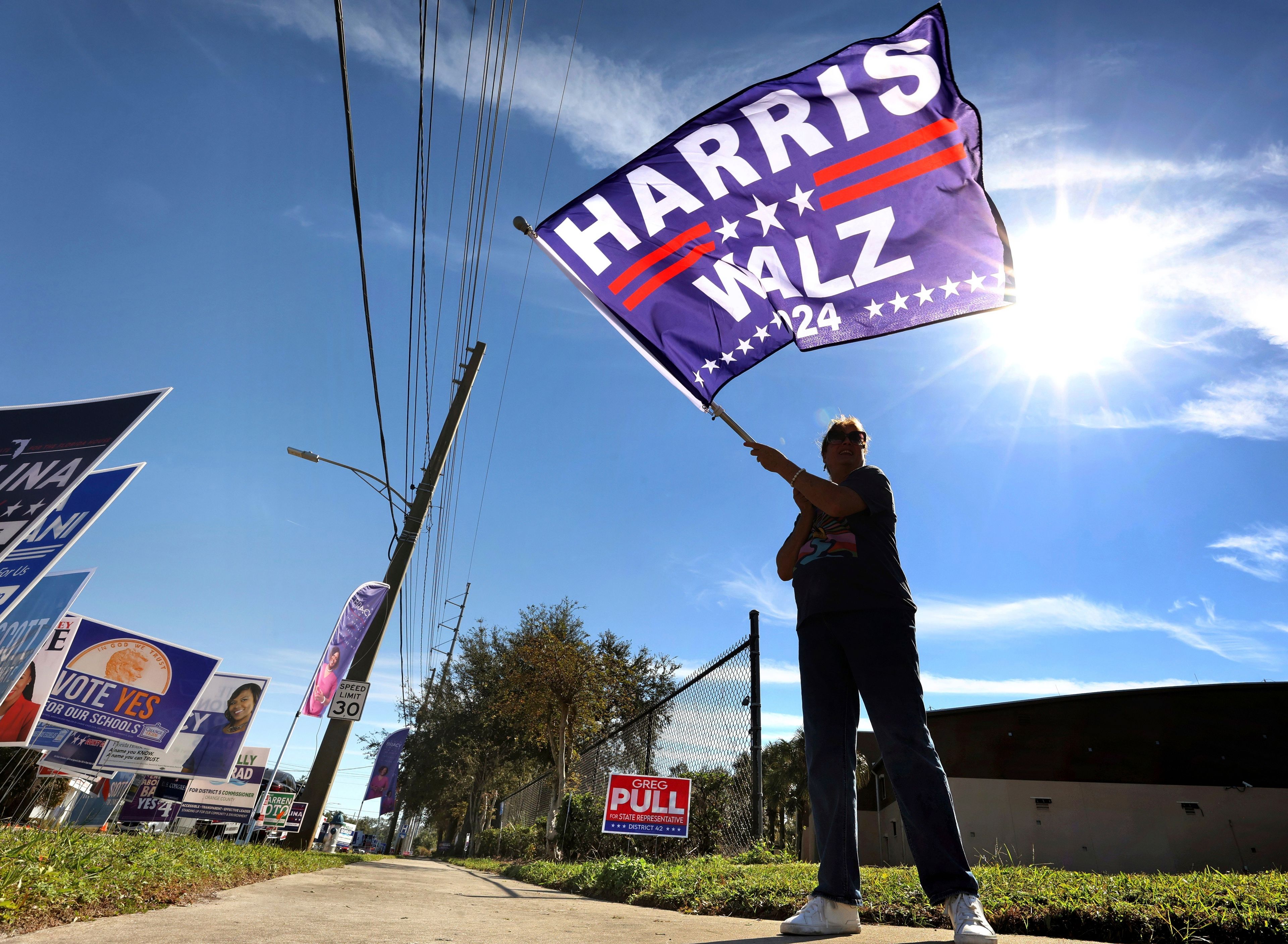 Metrowest resident Cynthia Ramirez waves a Harris-Walz campaign flag while waving to voters in line during early voting at the Orange County Supervisor of Elections precinct on Kaley Avenue in Orlando, Fla., Friday, Oct. 25, 2024. (Joe Burbank/Orlando Sentinel via AP)