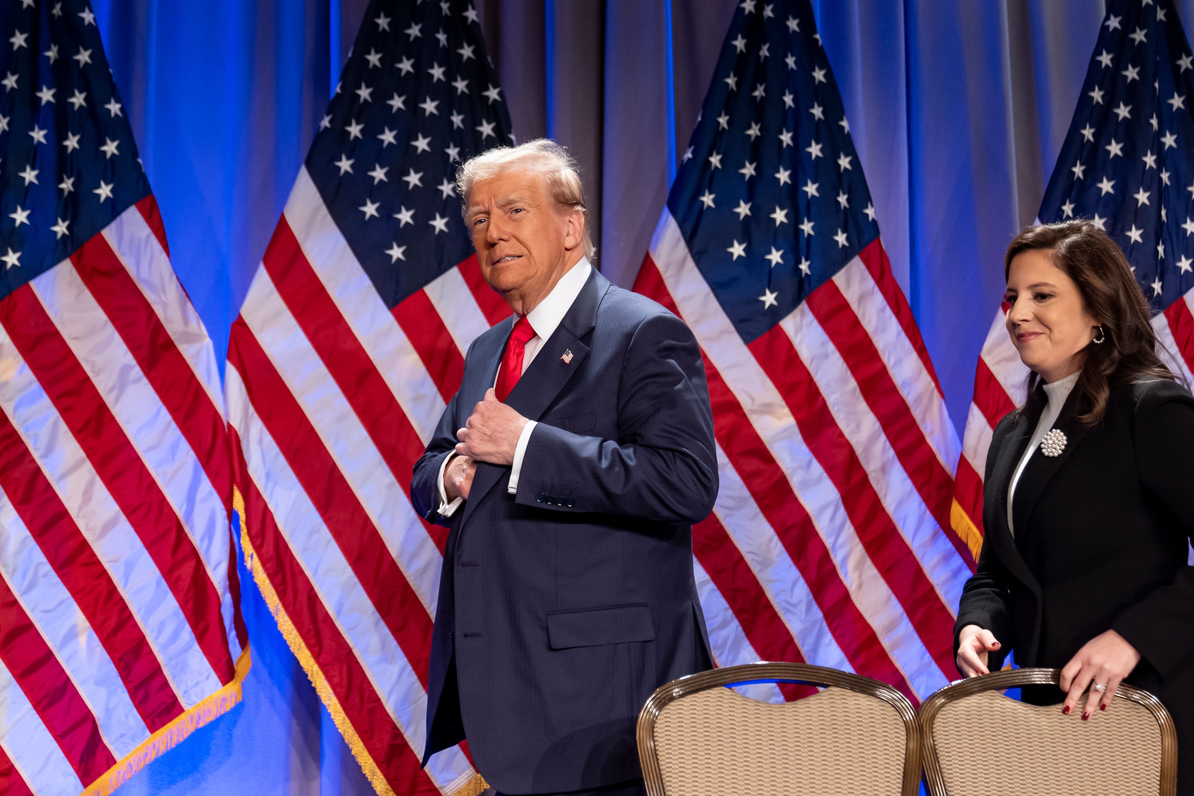 President-elect Donald Trump arrives to speak at a meeting of the House GOP conference, followed by Rep. Elise Stefanik, R-N.Y., Wednesday, Nov. 13, 2024, in Washington. (AP Photo/Alex Brandon)