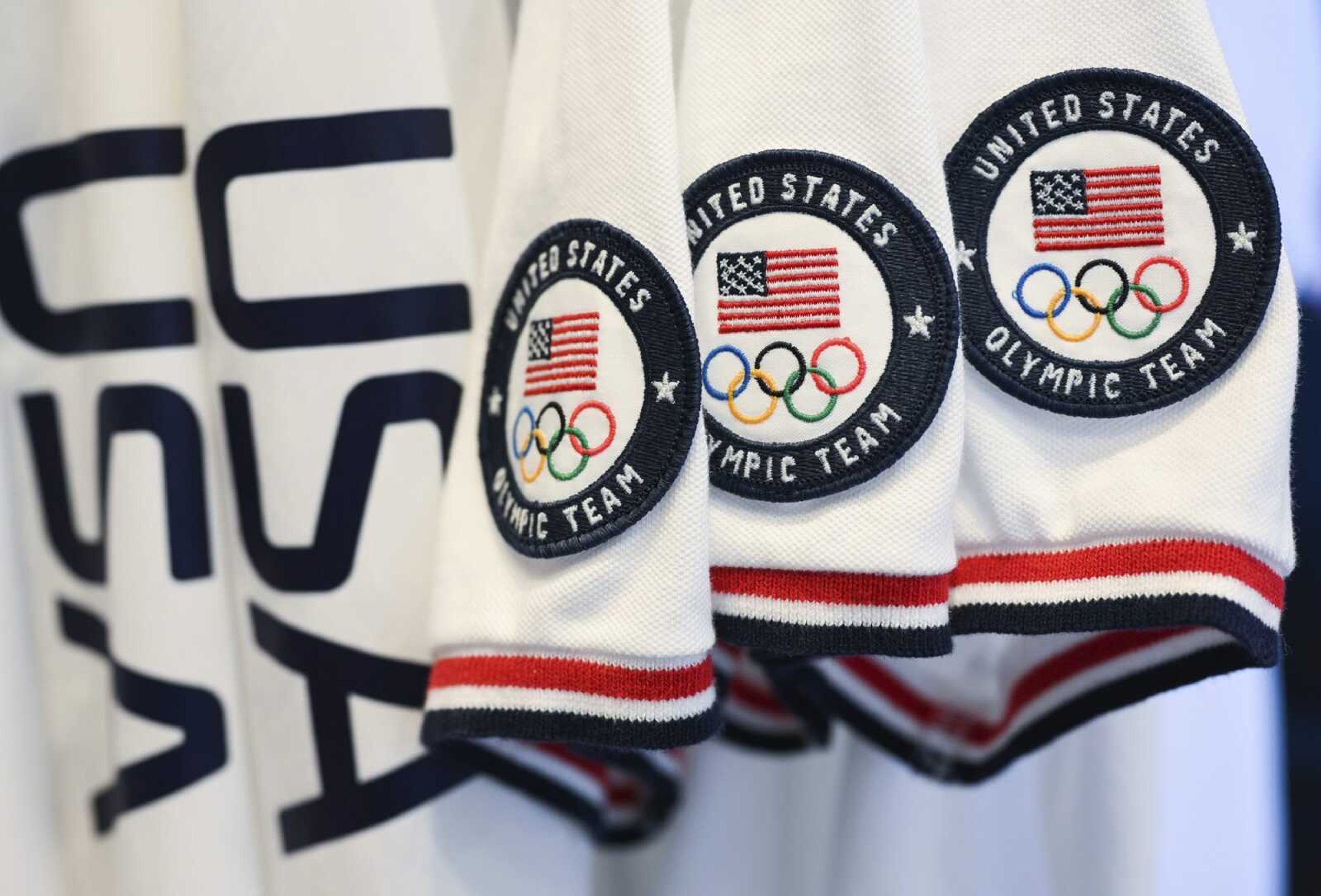 Team USA Tokyo Olympic closing ceremony uniforms are displayed during the unveiling Tuesday at the Ralph Lauren SoHo Store in New York.