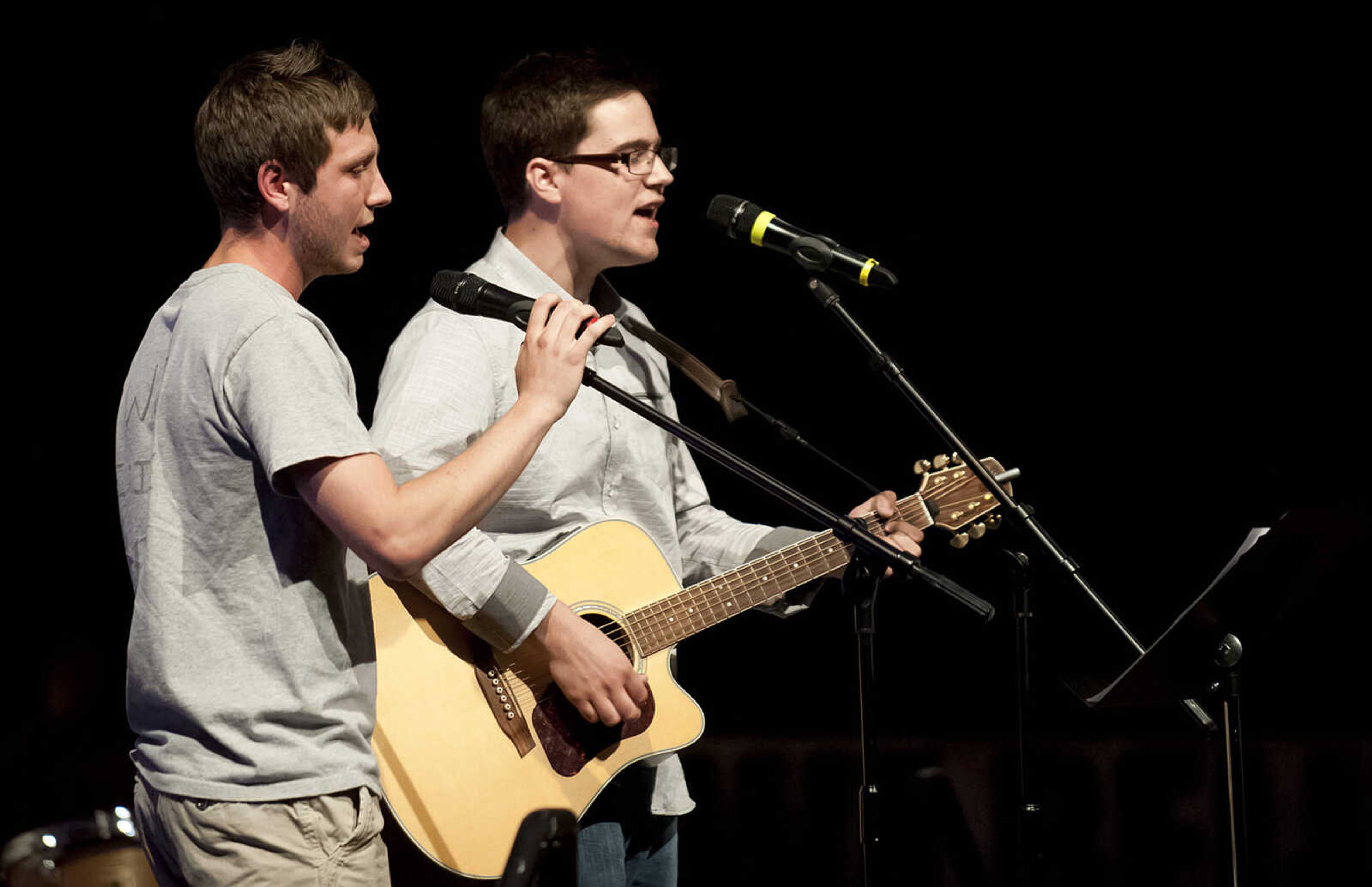 Keagan Cavanah, left, and Connor McDowell perform during "Nolan Weber, Celebration of Life," Wednesday, April 30, at the Jackson High School Event Center. Friends, family and community members gathered to remember the former Jackson High School baseball and soccer player who passed away from brain cancer in December on what would have been Nolan's 19th birthday.