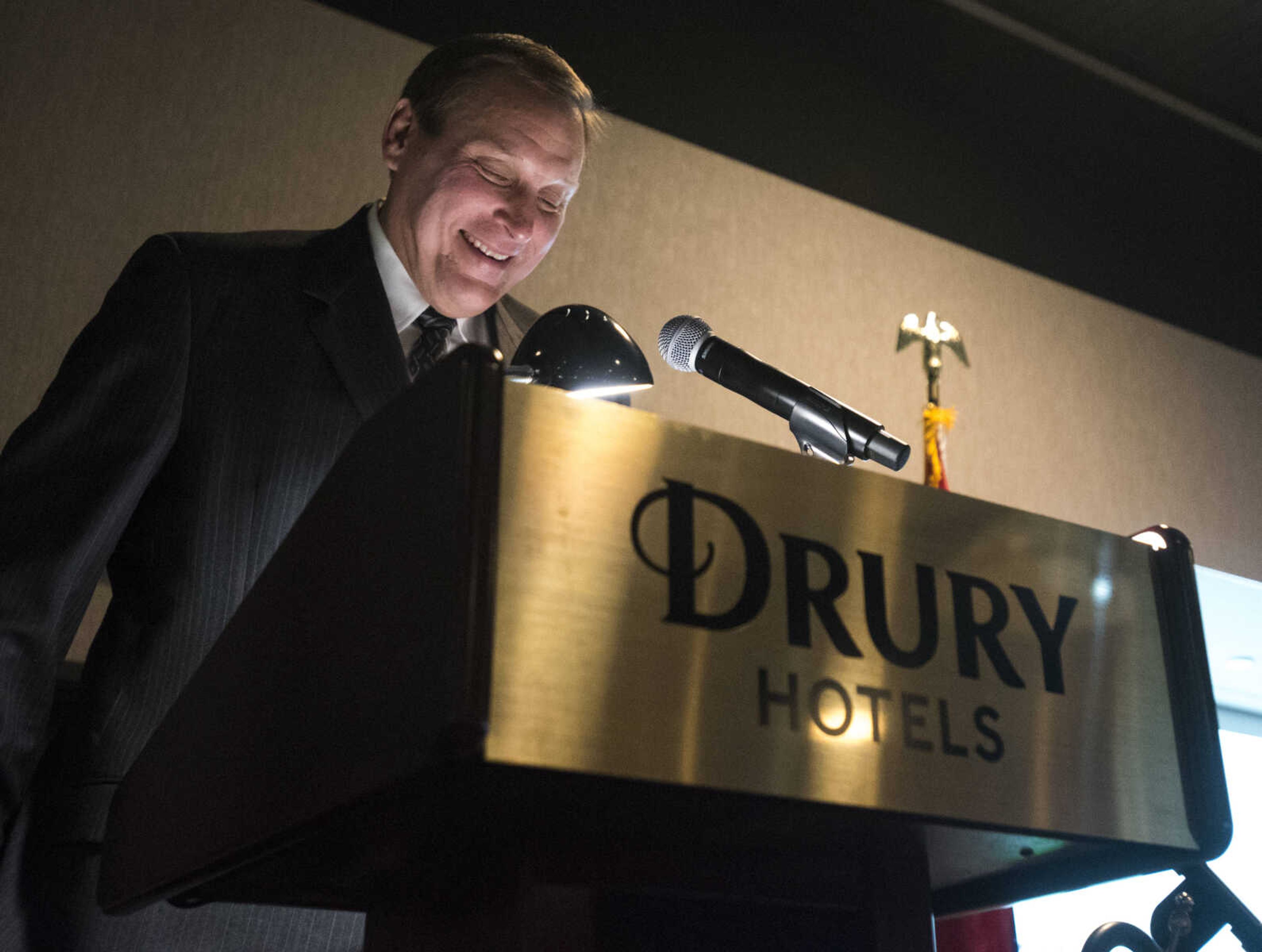 Rush H. Limbaugh Award recipient Bob Neff collects himself before speaking at the Cape Girardeau Area Chamber of Commerce's annual dinner held Jan. 26, 2018, at the Drury Plaza Conference Center in Cape Girardeau.