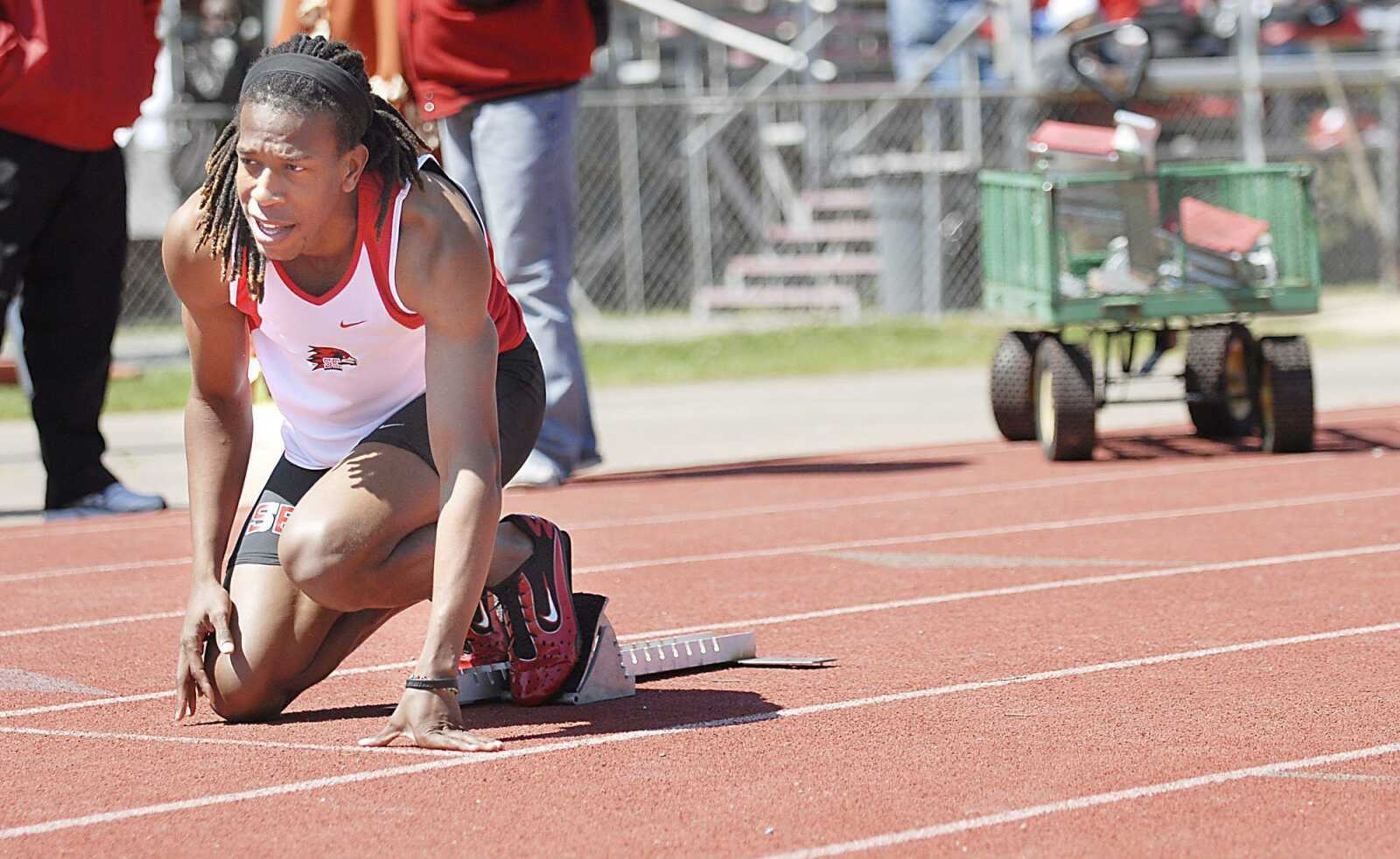 Miles Smith prepares to run a race for Southeast Missouri State during the 2007 outdoor track season. (Southeast Missourian file)