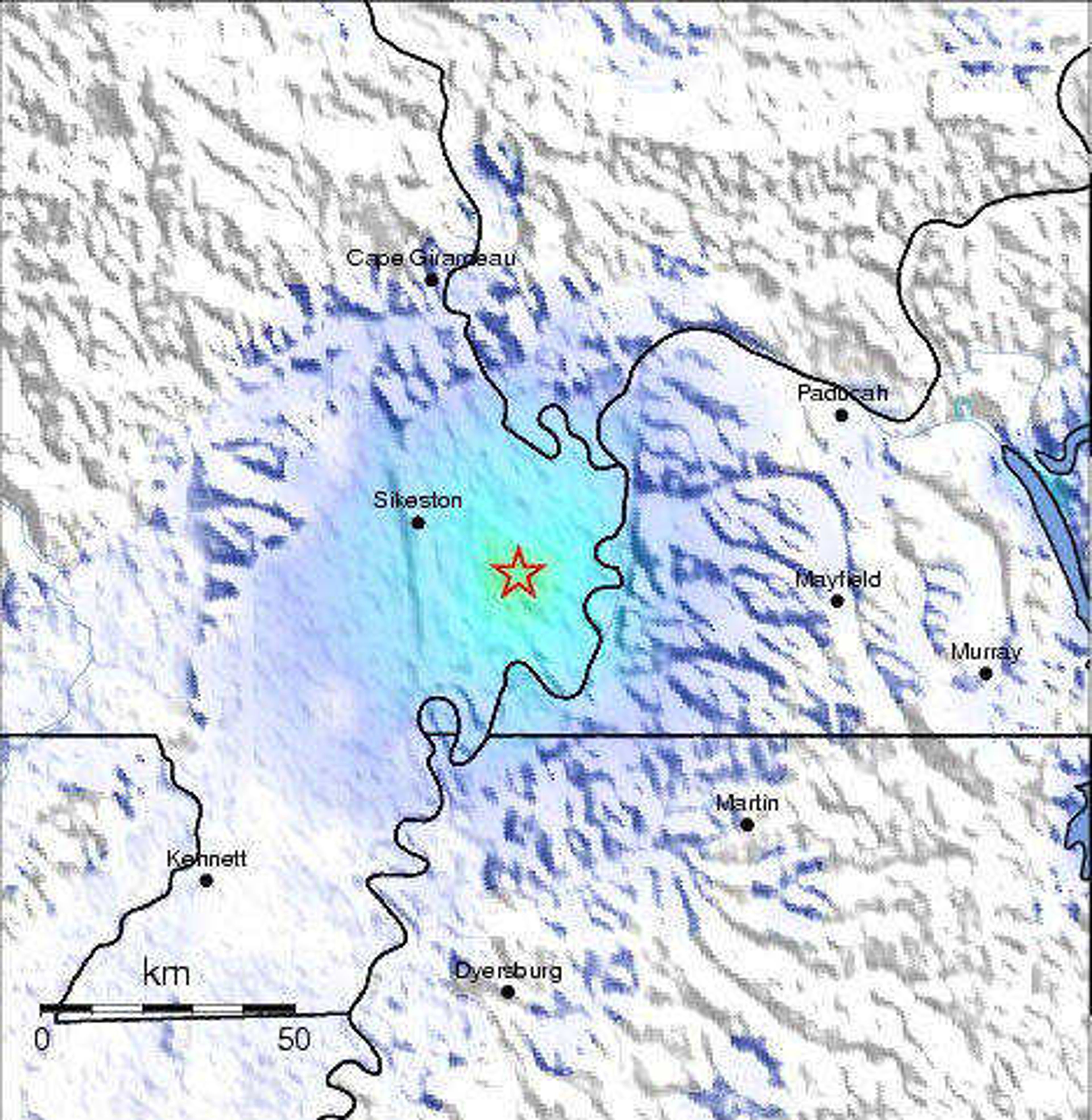 This "shakemap" from the U.S. Geological Survey shows the intensity of shaking around the first earthquake, a 3.7-magnitude quake. Areas of lighter color indicate lower shaking intensity. Even near the earthquakes center, shaking was very low.