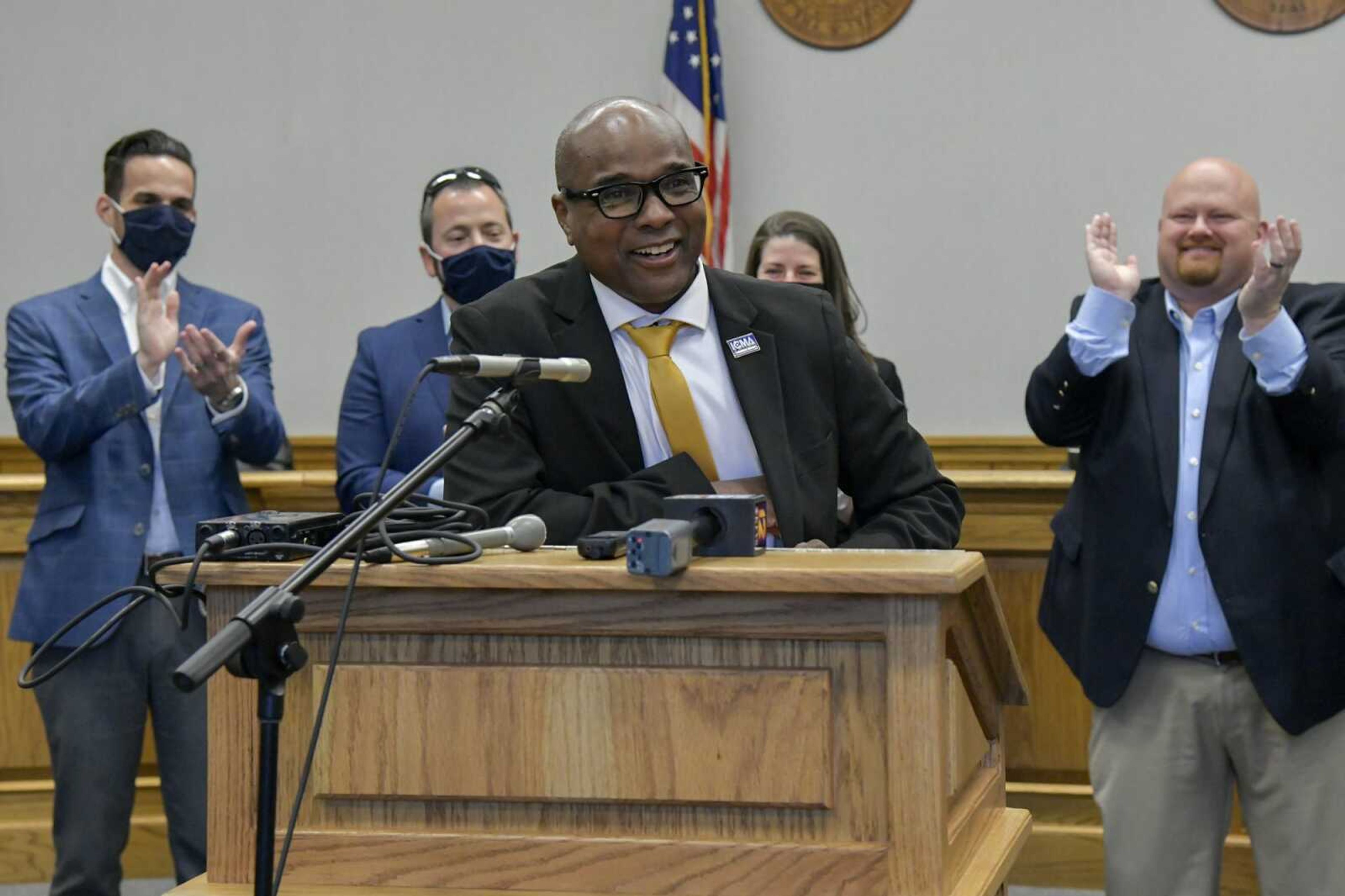 Kenneth Haskin, who will become city manager in June, approaches the podium during Thursday's news conference in the chambers of the Cape Girardeau City Council in Cape Girardeau.