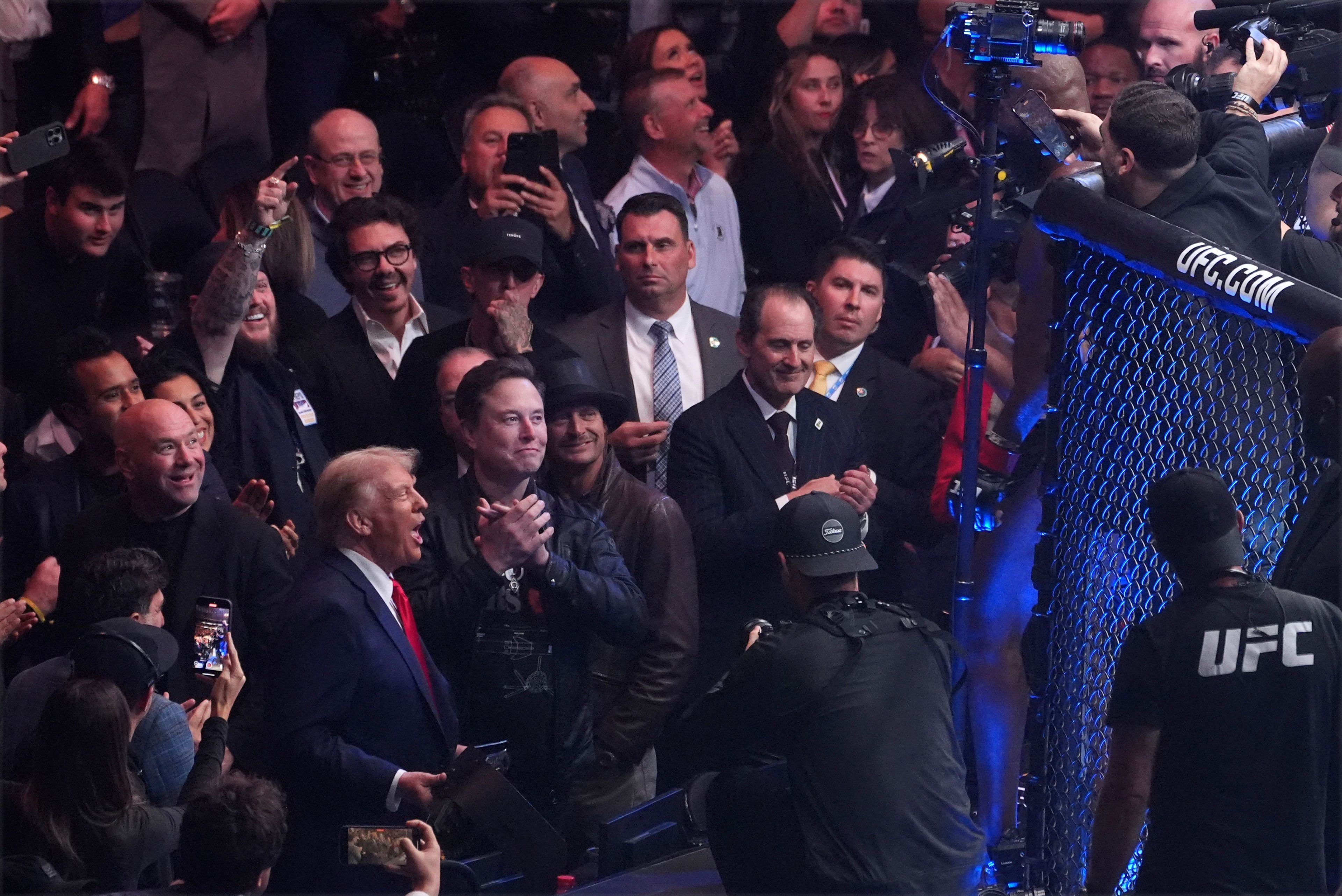 President-elect Donald Trump greets Jon Jones after he defeated Stipe Miocic at UFC 309 at Madison Square Garden, early Sunday, Nov. 17, 2024, in New York. (AP Photo/Evan Vucci)