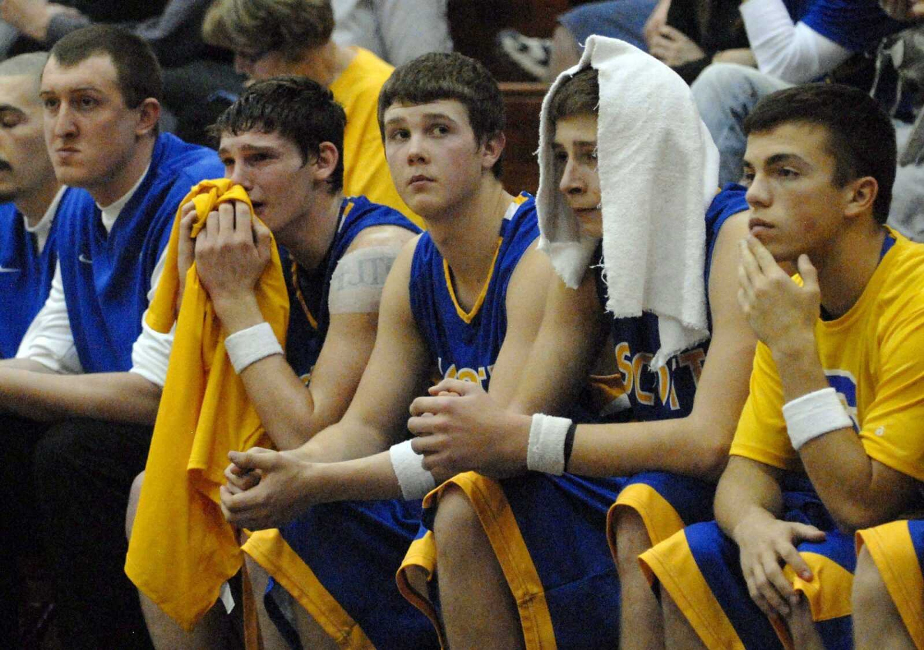 The Scott City bench watches the last seconds of Wednesday's Class 3 sectional against Crystal City in Hillsboro, Mo. (Laura Simon)