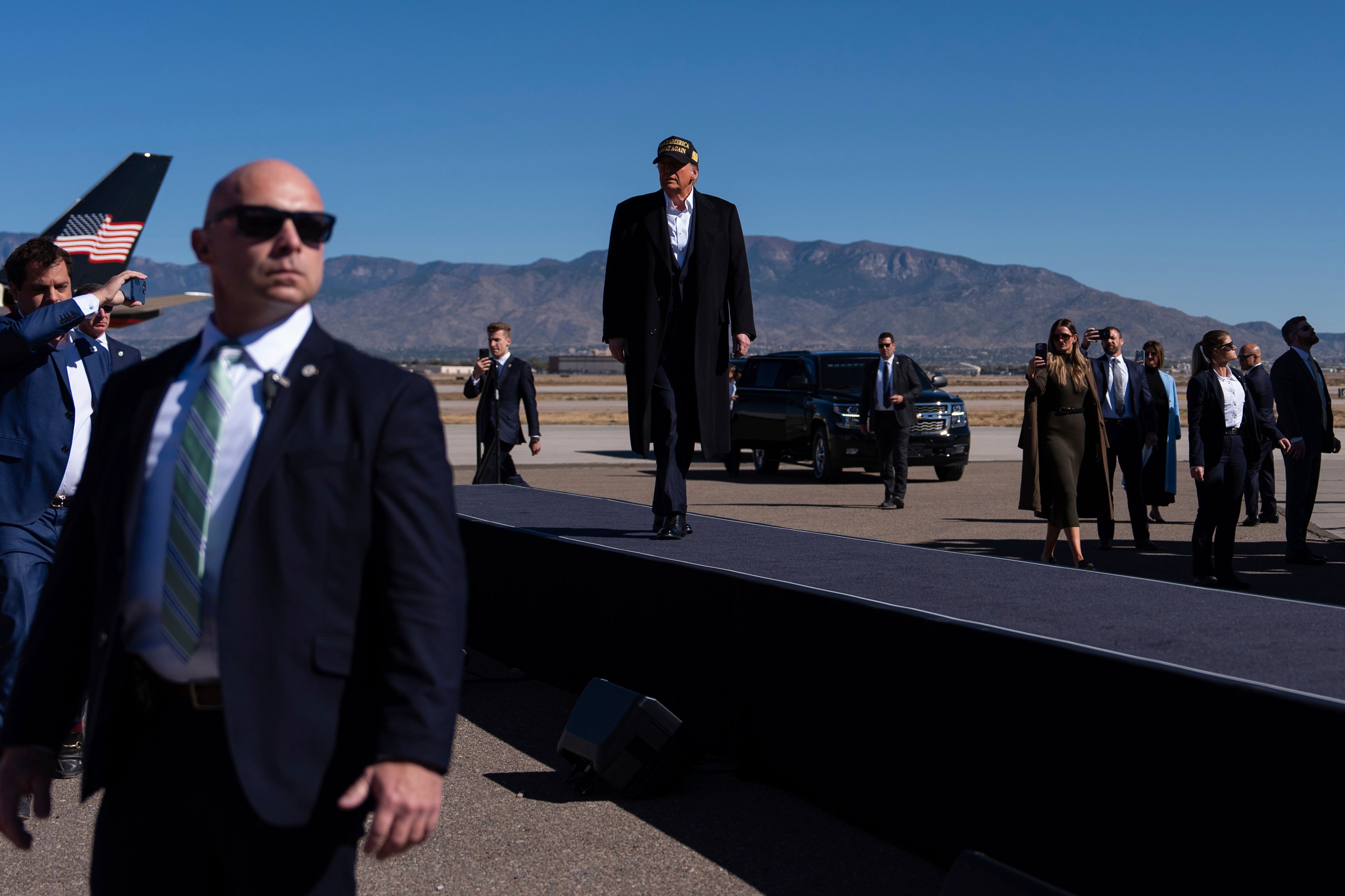 Republican presidential nominee former President Donald Trump arrives to a campaign rally at Albuquerque International Sunport, Thursday, Oct. 31, 2024, in Albuquerque, N.M. (AP Photo/Julia Demaree Nikhinson)