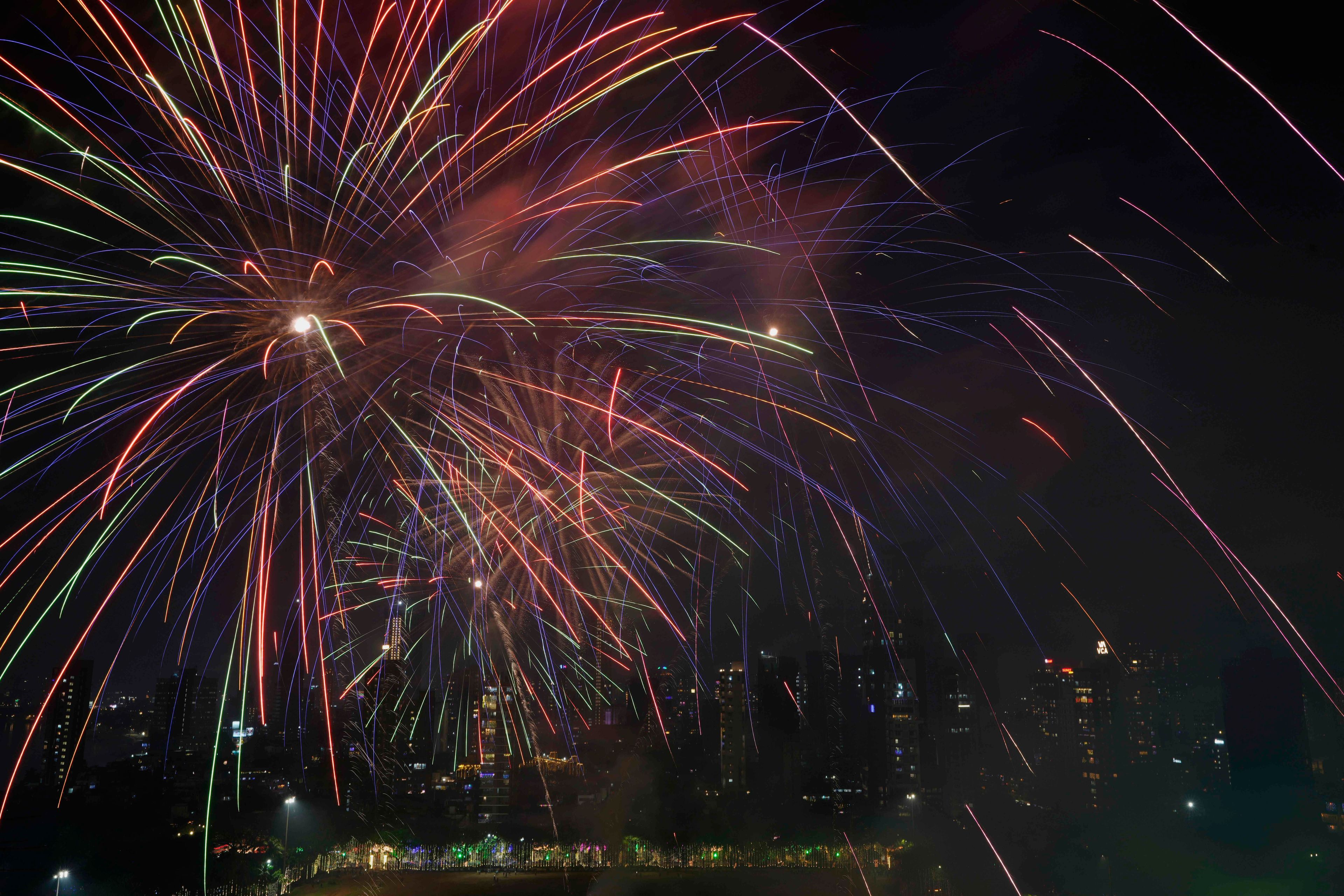 Fire crackers and smoke fill the city skyline as a part of Diwali celebrations at Shivaji Park in Mumbai, India, Wednesday, Oct. 30, 2024.(AP Photo/Rajanish Kakade)