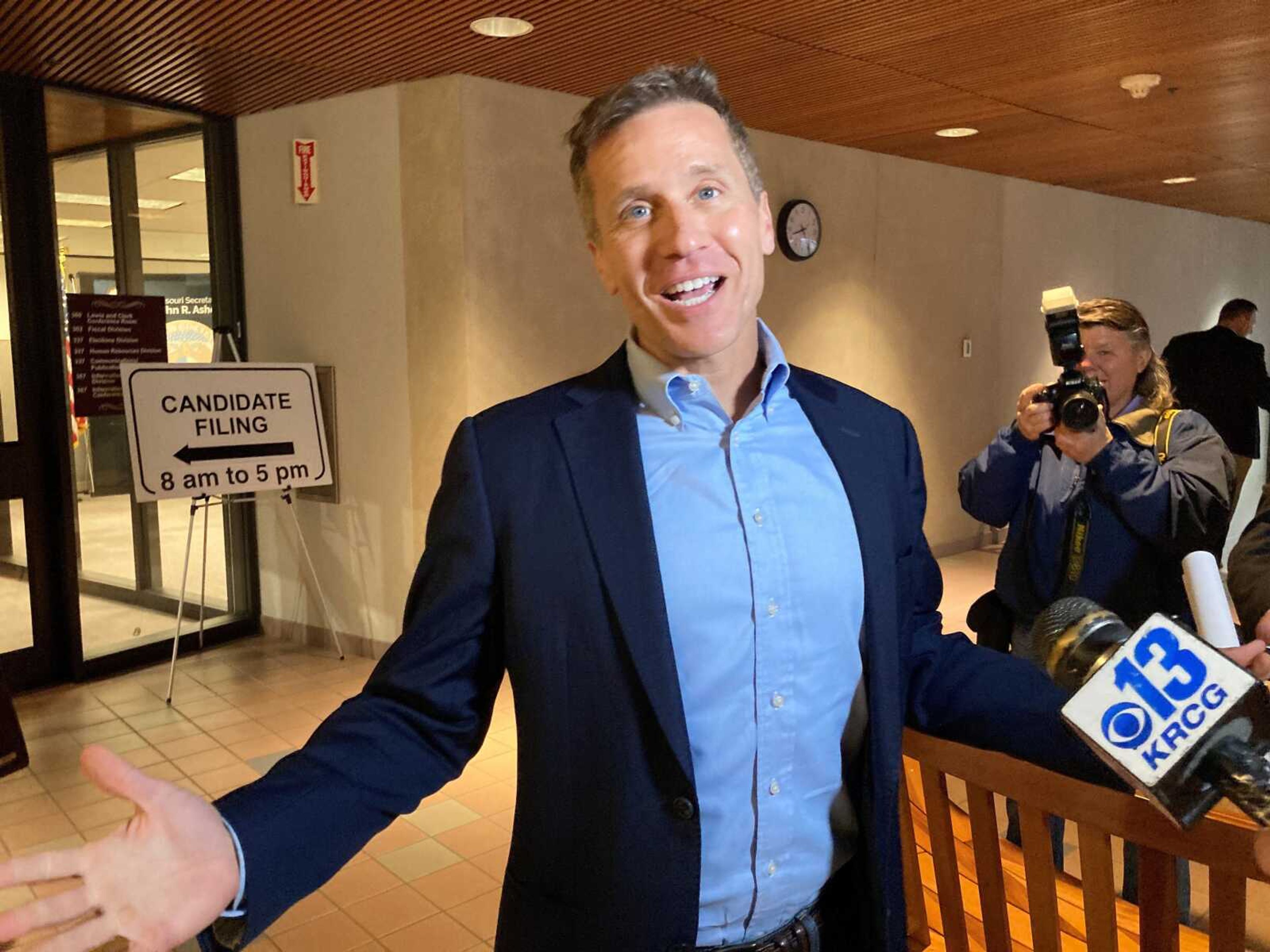 Former Gov. Eric Greitens gestures while speaking to reporters Feb. 22 in Jefferson City, Missouri, after he filed to run in the Republican primary for U.S. Senate.