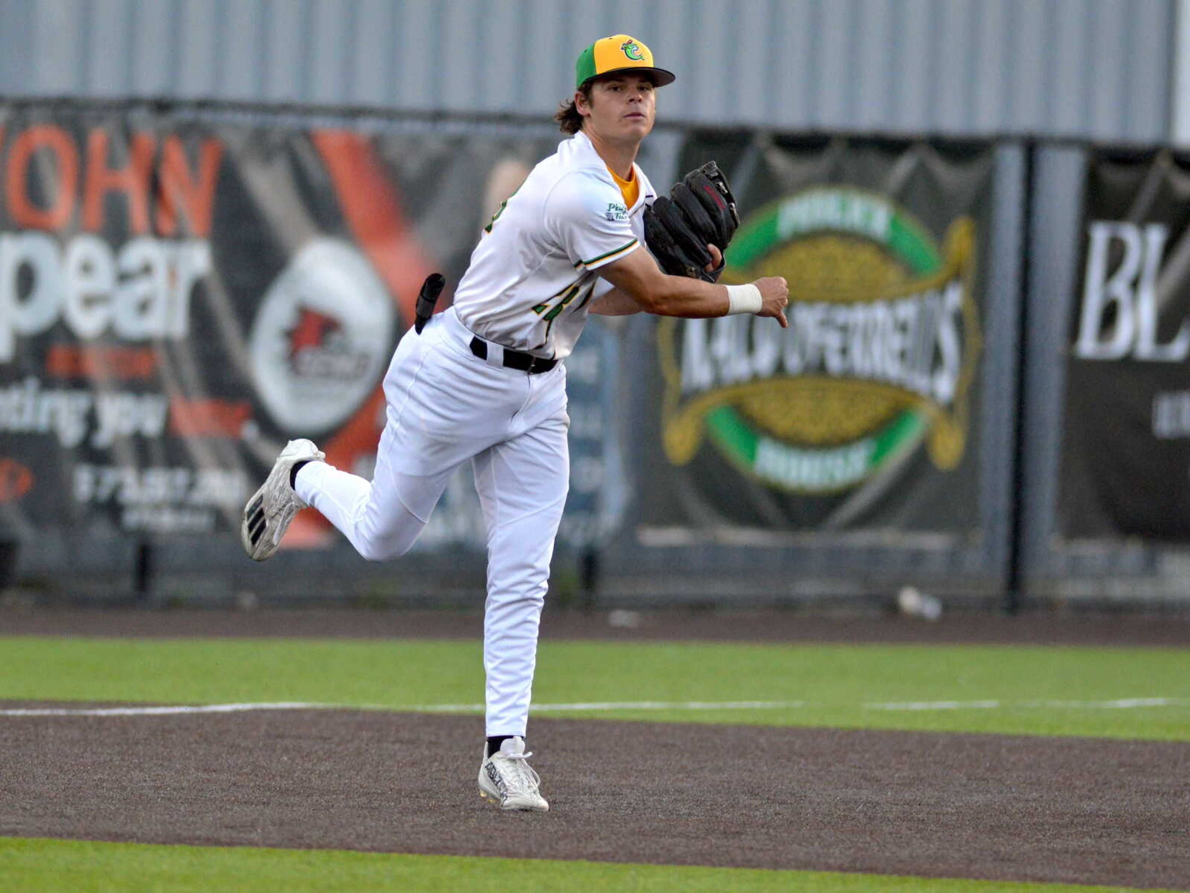 Cape's Quinton Borders throws across the diamond during a Thursday, June 6, 2024 game between the Cape Catfish and the Dubois County Bombers at Capaha Field in Cape Girardeau, Mo. Cape defeated Dubois County, 3-2.
