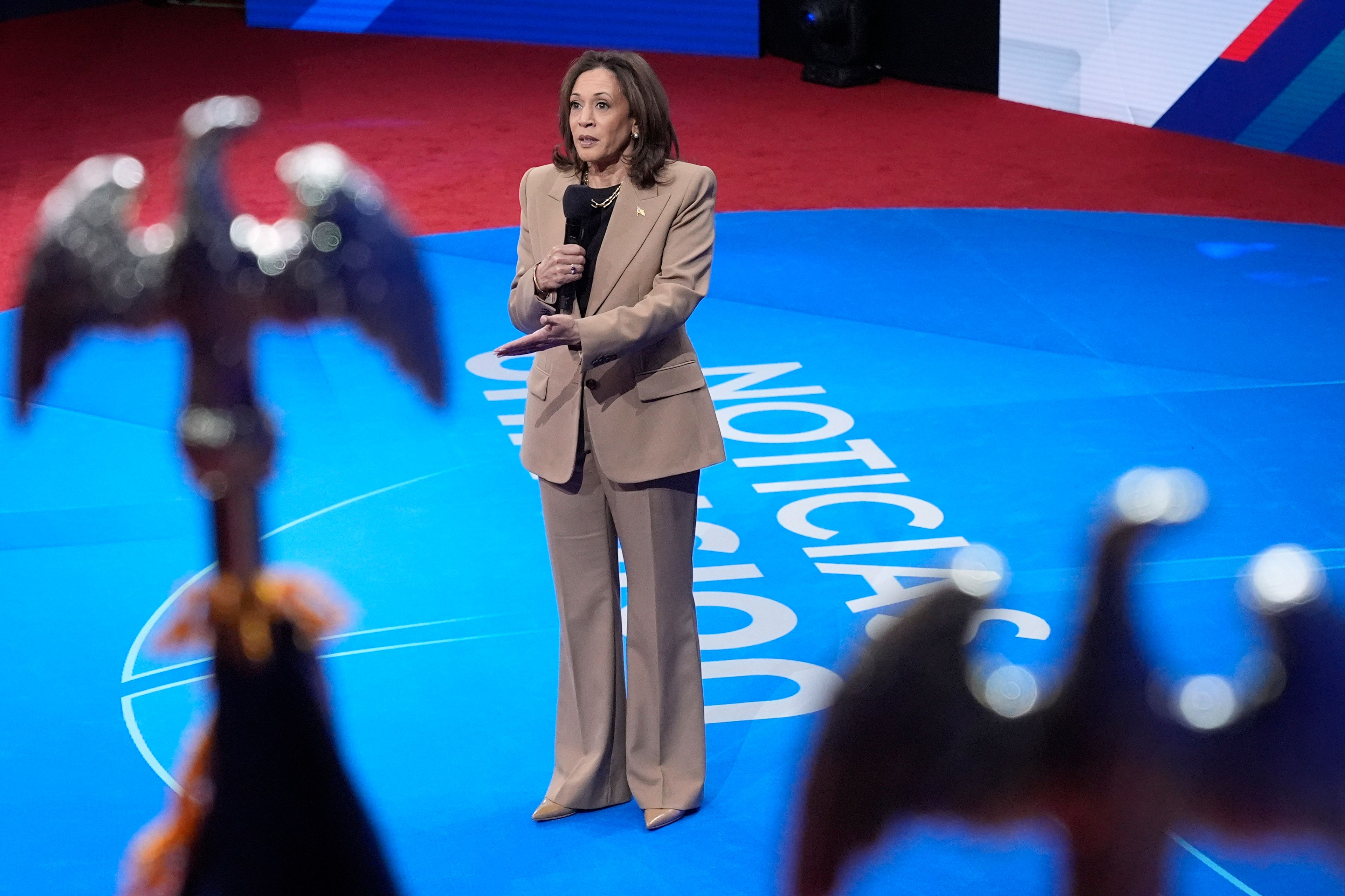 Democratic presidential nominee Vice President Kamala Harris speaks during a Town Hall event hosted by Univision, Thursday, Oct. 10, 2024, at the University of Nevada Las Vegas. (AP Photo/Jacquelyn Martin)