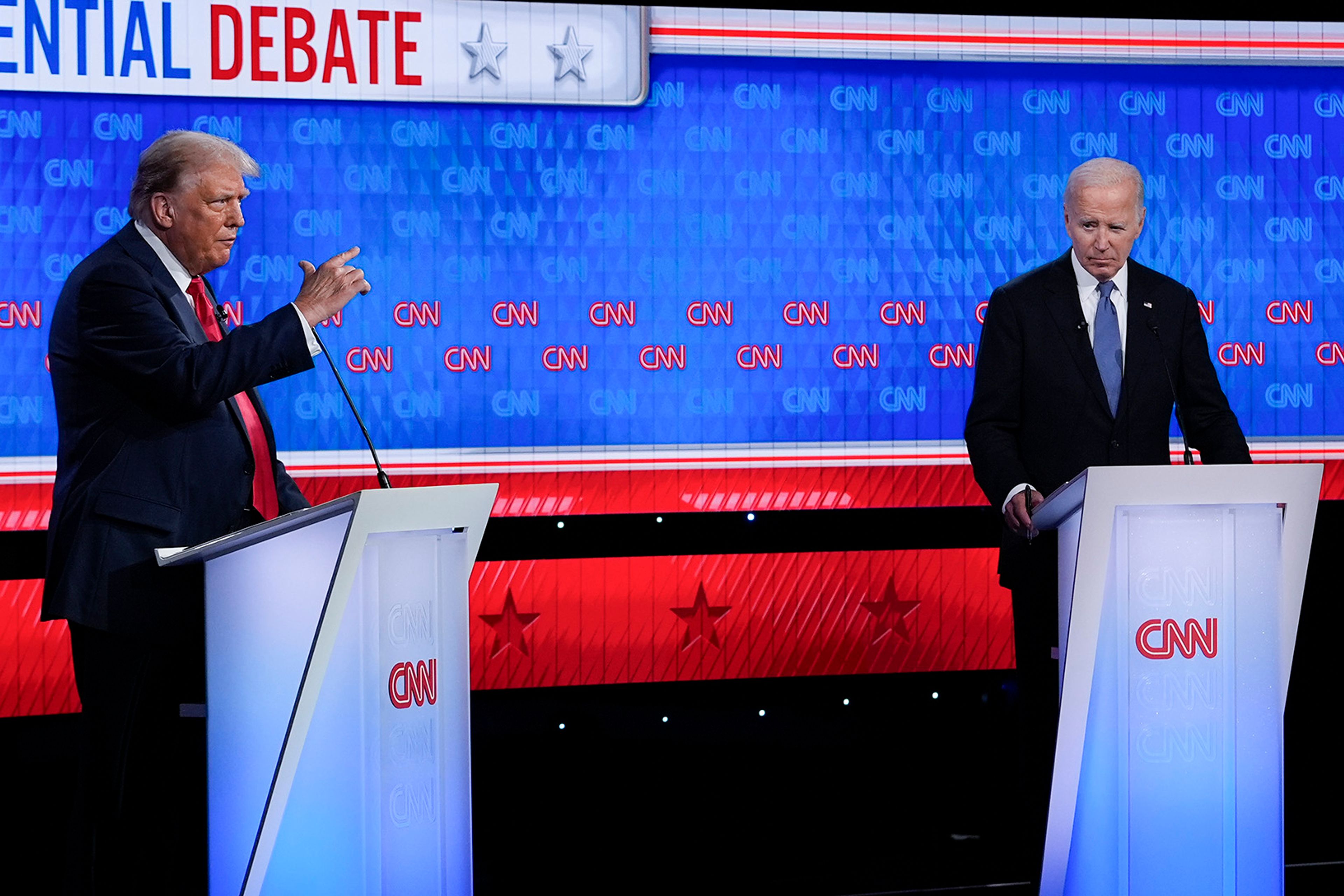 Republican presidential candidate former President Donald Trump, left, speaking during a presidential debate with President Joe Biden, right, Thursday, June 27, 2024, in Atlanta. 