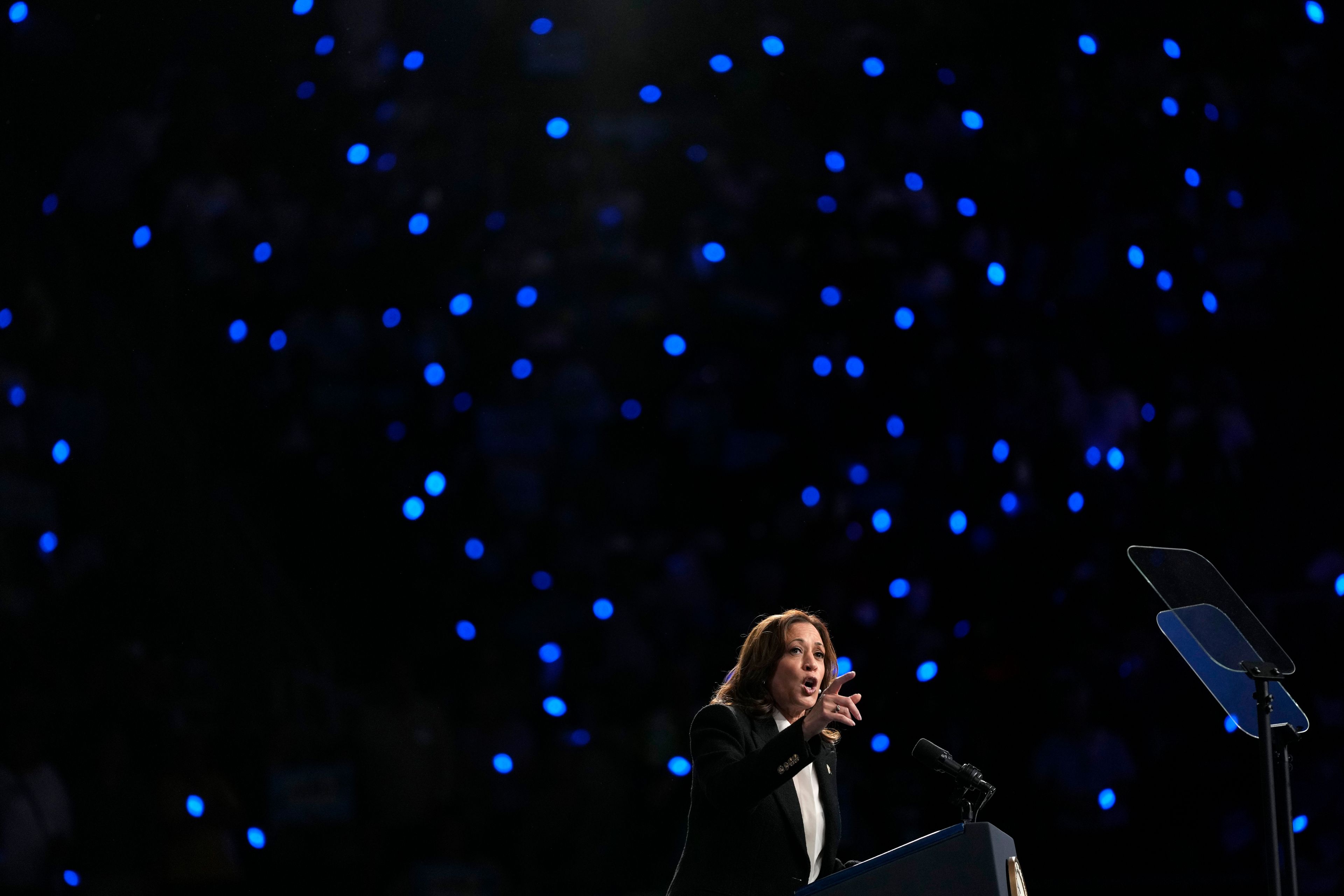 Democratic presidential nominee Vice President Kamala Harris speaks at a campaign rally at East Carolina University in Greenville, N.C., Sunday, Oct. 13, 2024. (AP Photo/Susan Walsh)