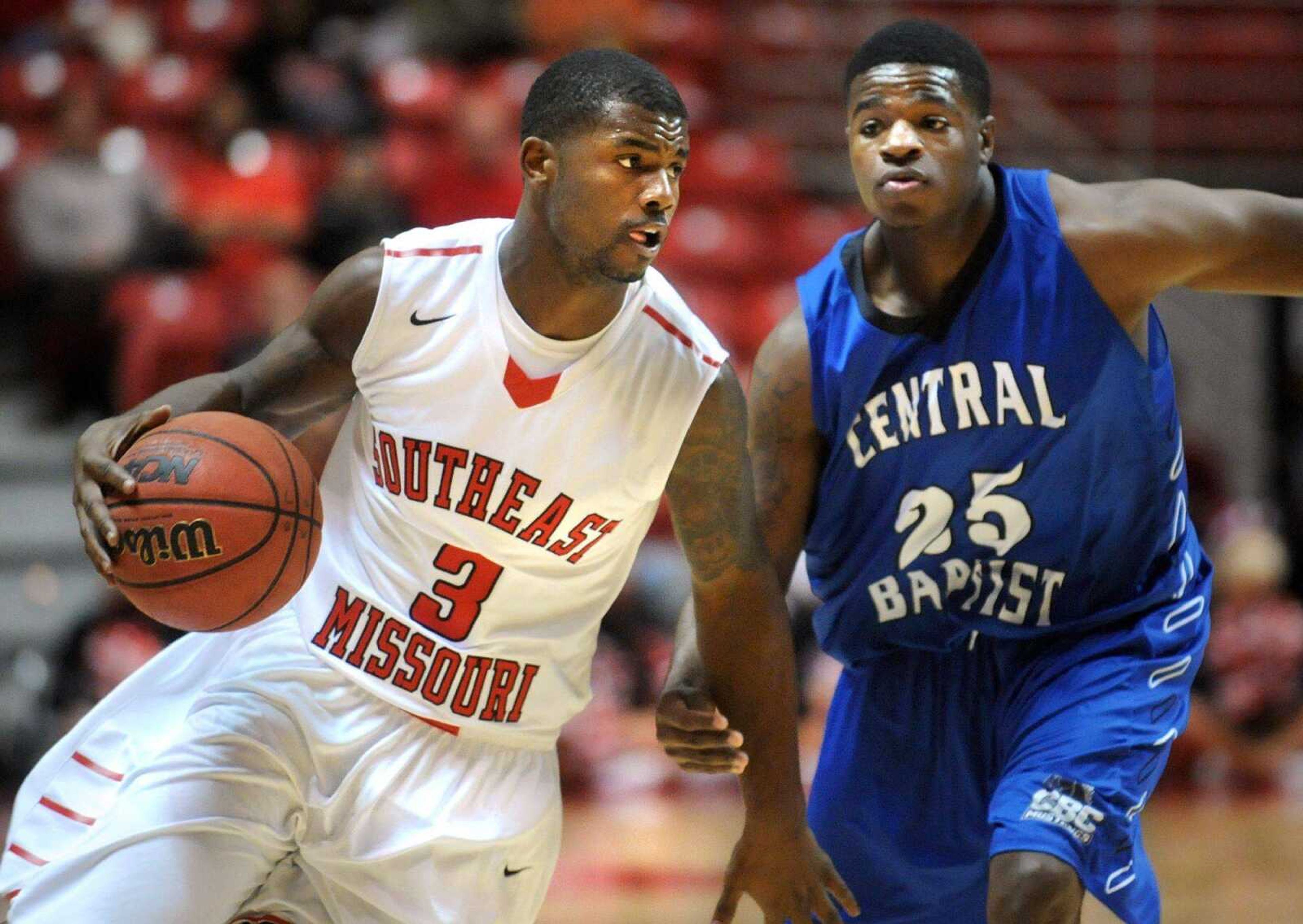 Southeast Missouri State&#8217;s C.J. Reese maneuvers around Central Baptist College defender Cordell Berry in the first half Monday at the Show Me Center. (Laura Simon)