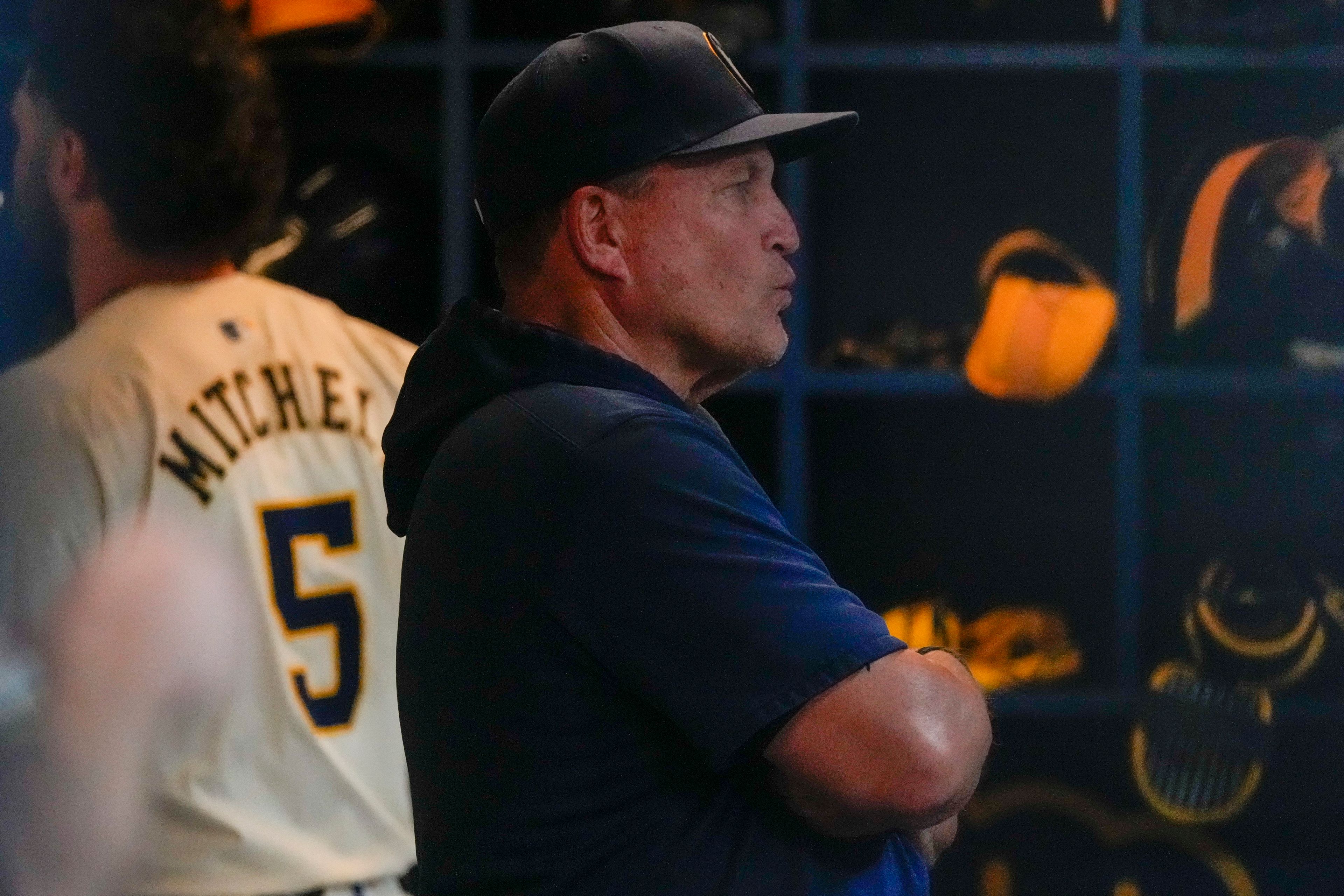 Milwaukee Brewers manager Pat Murphy watches during the 10th inning of a baseball game against the St. Louis Cardinals Tuesday, Sept. 3, 2024, in Milwaukee. (AP Photo/Morry Gash)