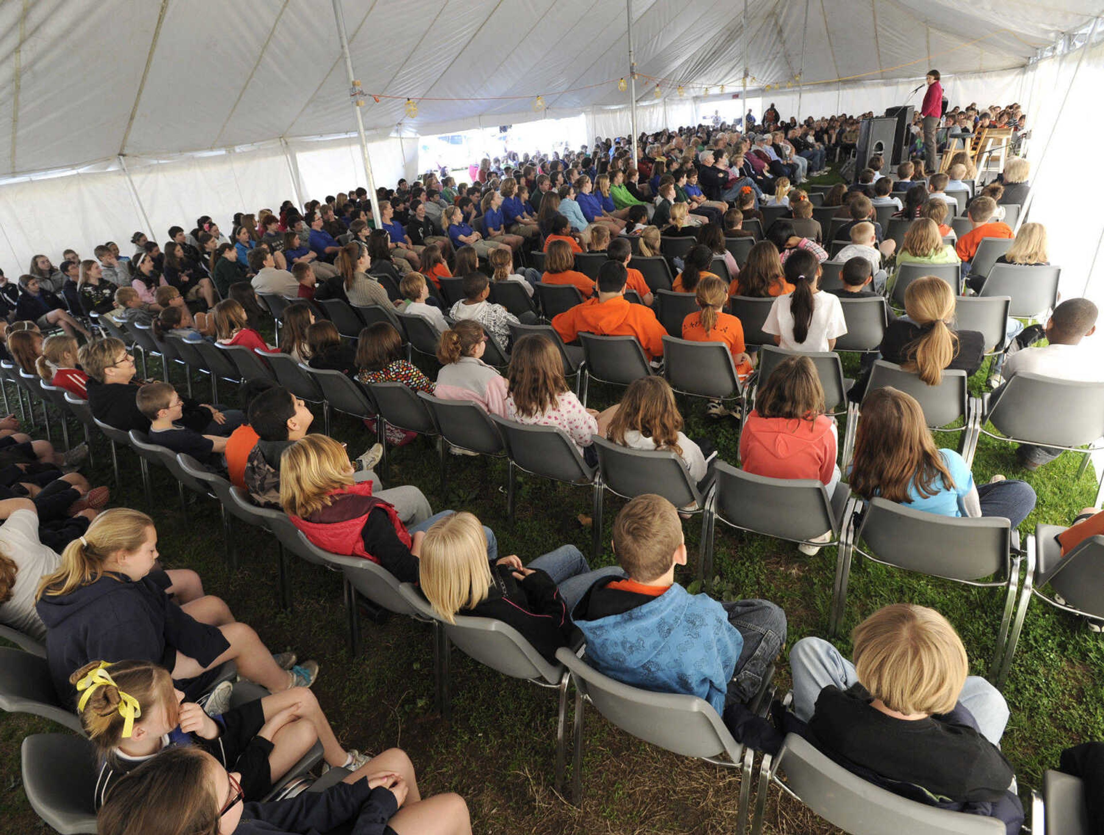 FRED LYNCH ~ flynch@semissourian.com
Hundreds of students listen to Priscilla Howe in the Merriwether tent Friday at the third annual Cape Girardeau Storytelling Festival.