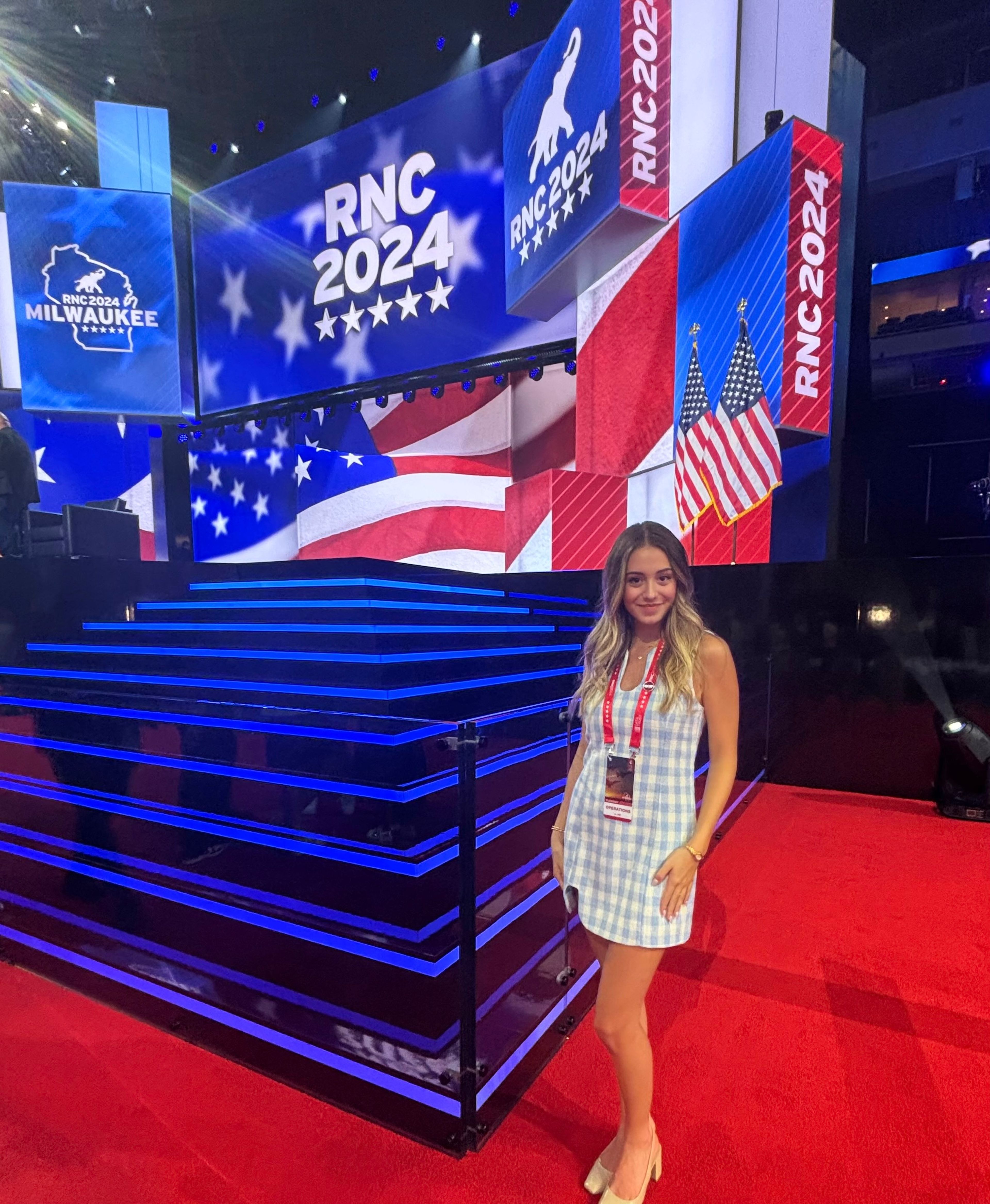 Elise Edwards in front of the stage at the 2024 Republican National Convention in Milwaukee.