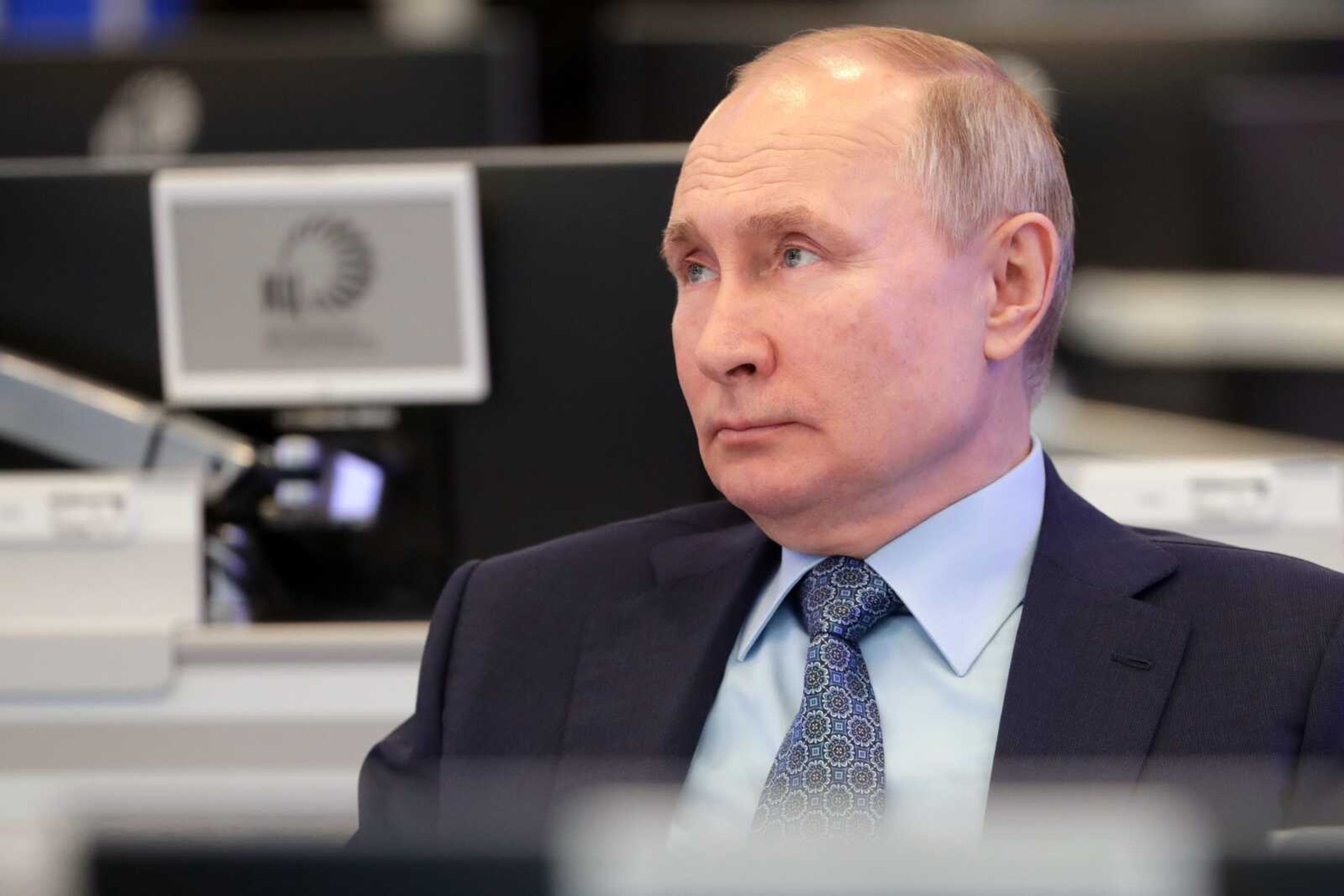 Russian President Vladimir Putin visits the Coordination Center of the Russian Government on Tuesday in Moscow. The center was set up as a line of communication with the whole of Russia for analysing and collecting information, promptly using big data and solving arising problems.