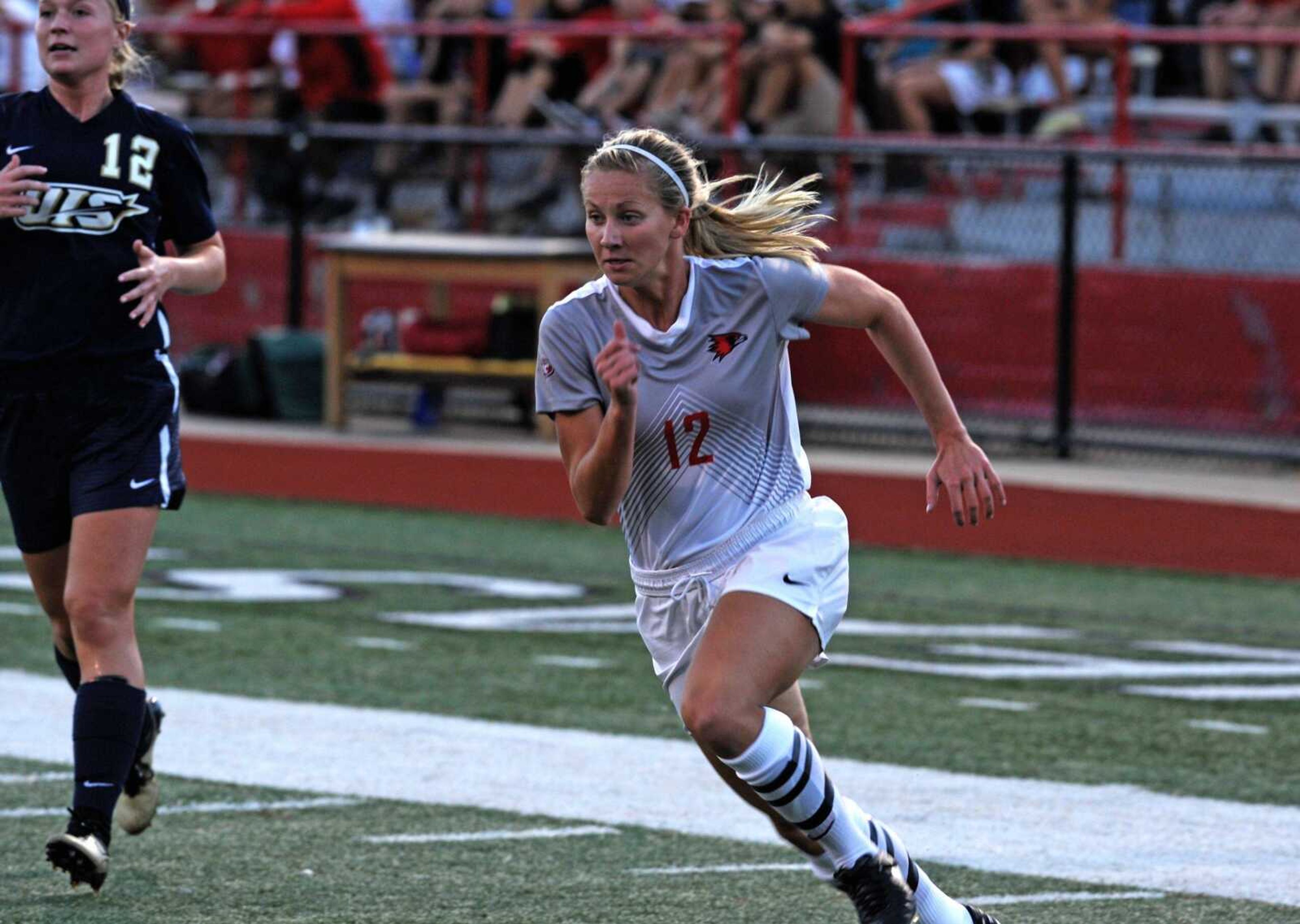 Southeast Missouri State's Cassidi Tomsu, a Jackson graduate, breaks toward the ball during the Redhawks' 3-1 win over Illinois Springfield on Sunday at Houck Stadium.