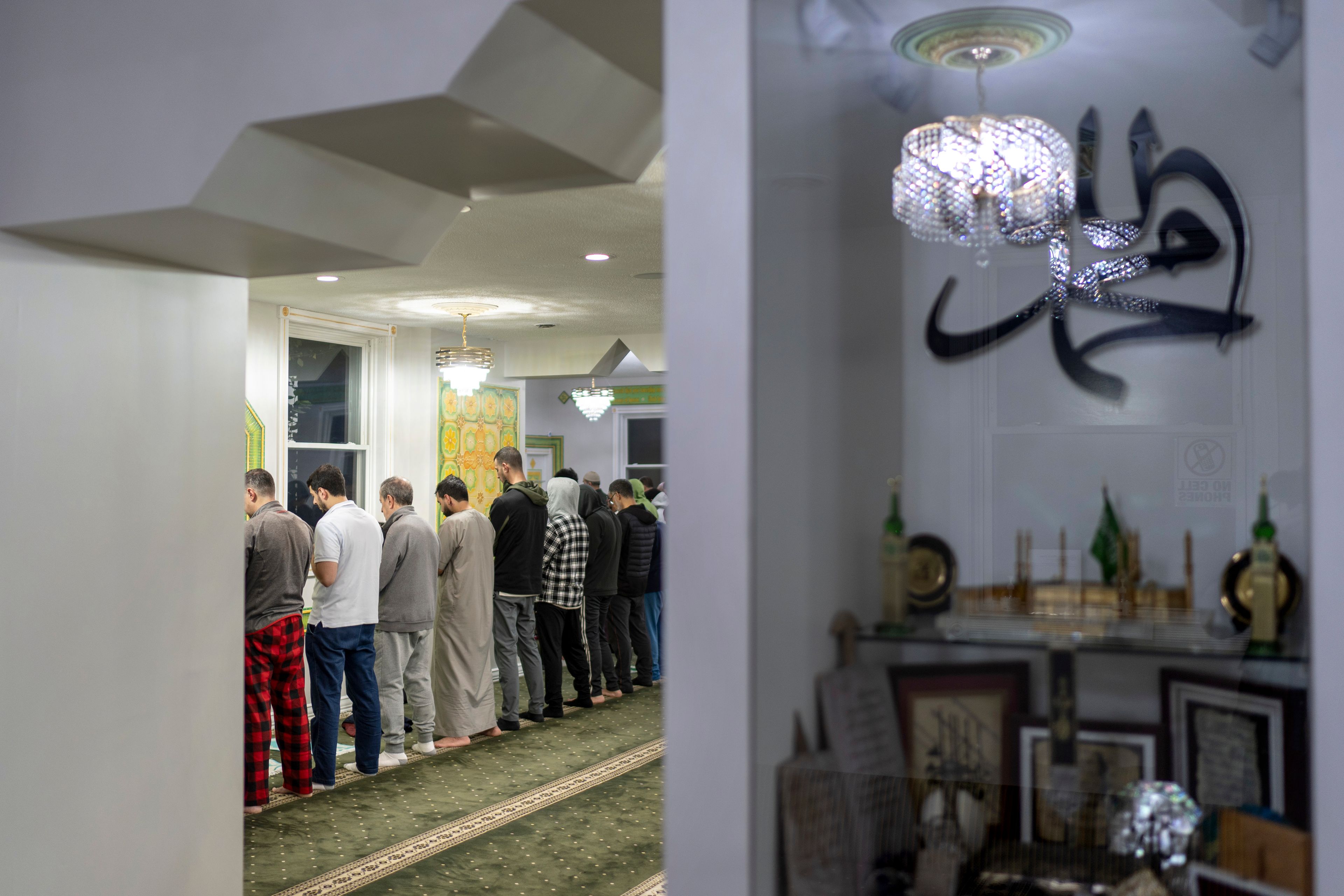 Members of the muslim community pray during morning prayers before the polls open on Election Day, Tuesday, Nov. 5, 2024, at the American Muslim Center in Dearborn, Mich., the nation's largest Arab-majority city. (AP Photo/David Goldman)