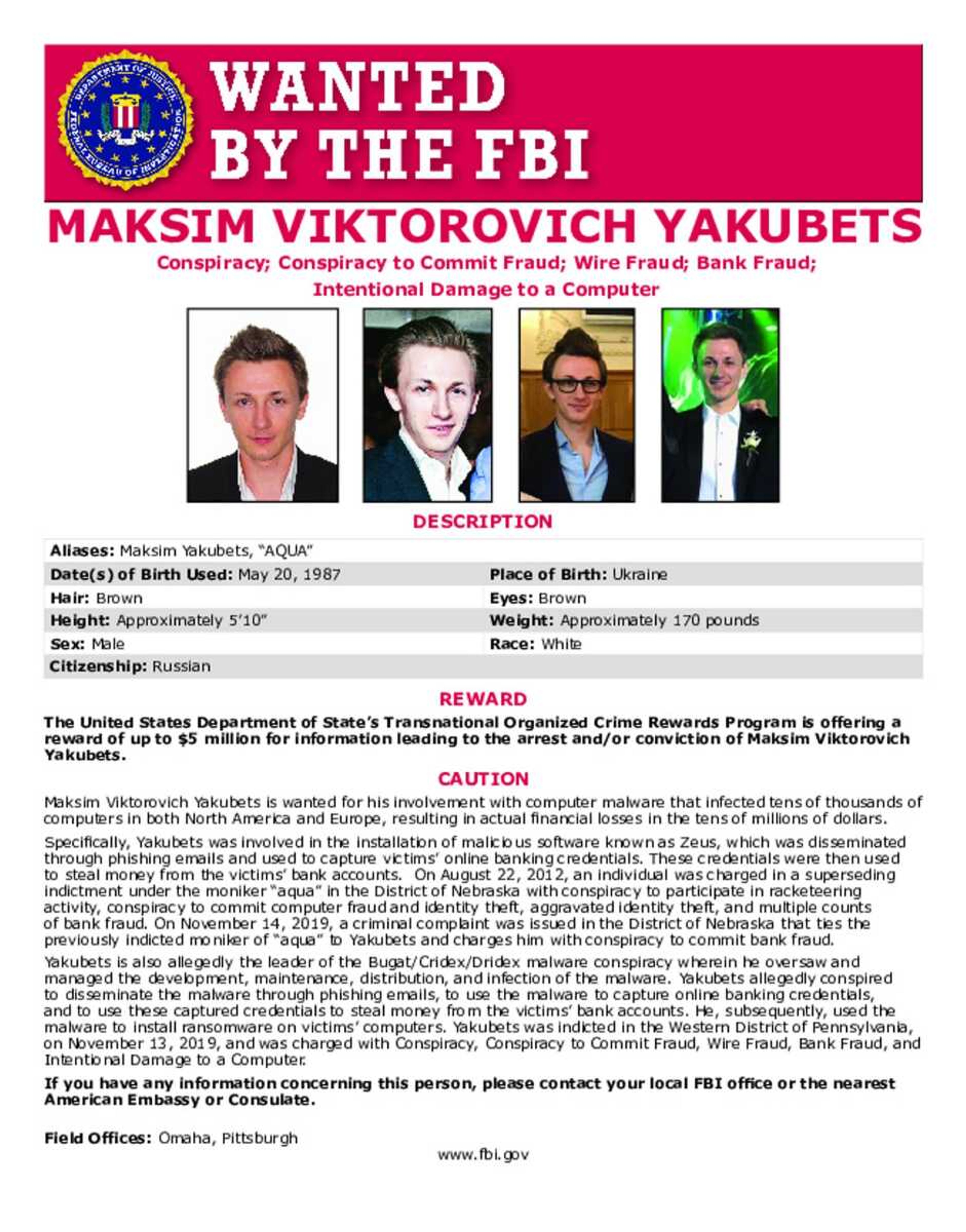 This poster shows Maxsim Yukabets, 33, best known as co-leader of a cybergang calling itself Evil Corp.