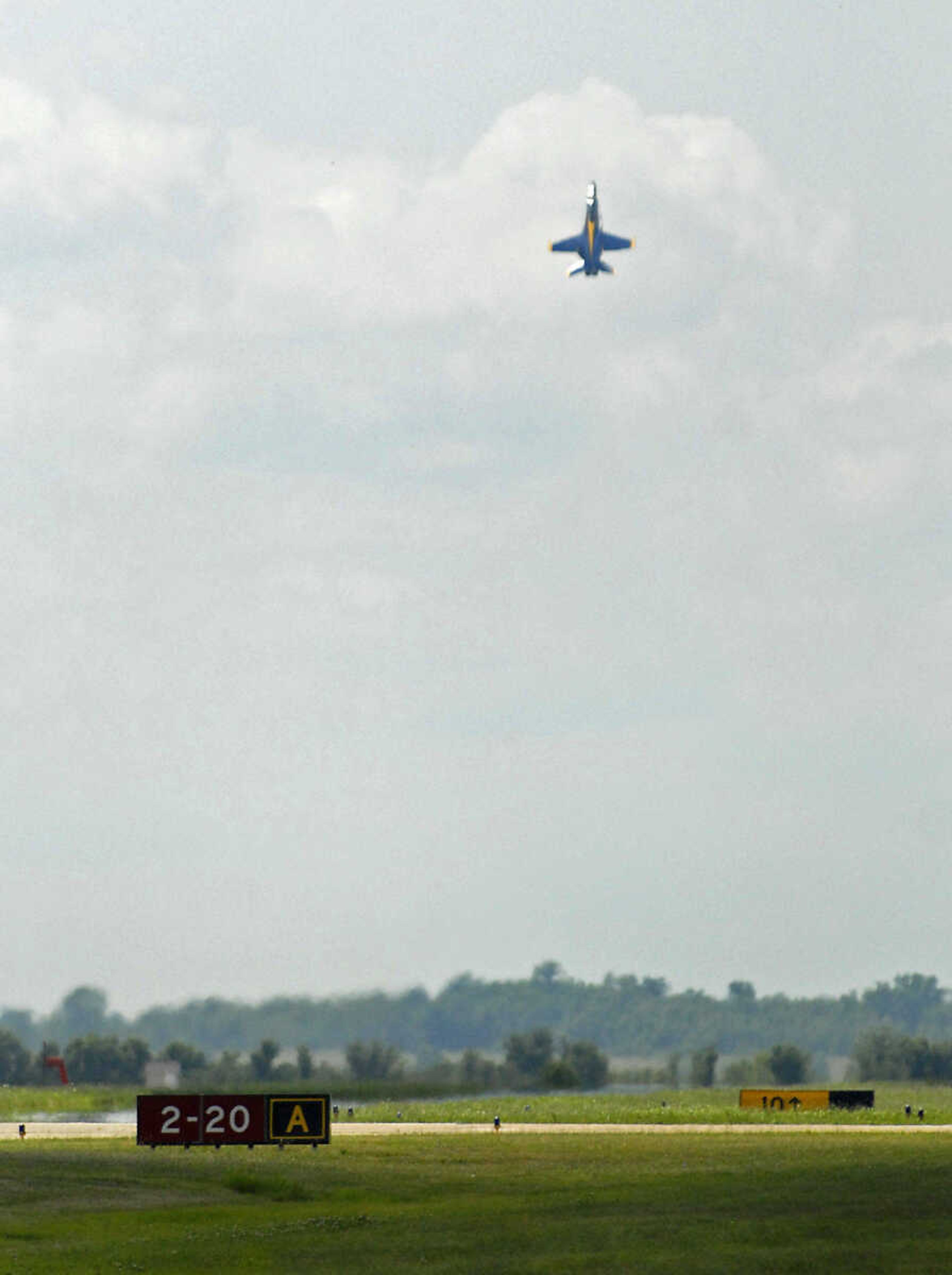 KRISTIN EBERTS ~ keberts@semissourian.com

A Blue Angels F/A-18 plane flown by Blue Angel pilot Lt. C.J. Simonsen shoots straight up into the sky after taking off at the Cape Girardeau Airport on Wednesday, June 16, 2010.