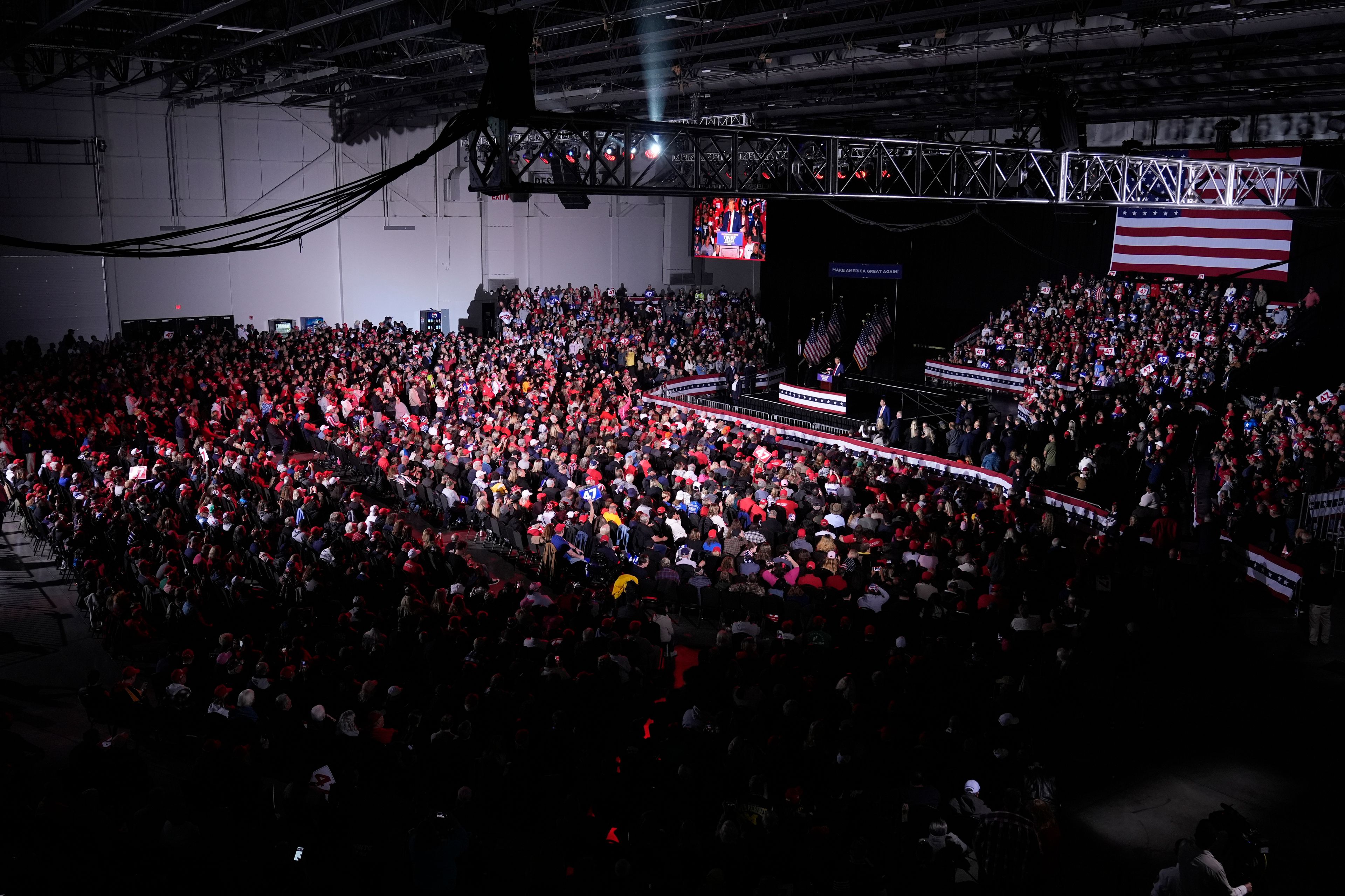 Republican presidential nominee former President Donald Trump speaks during a campaign rally at the Suburban Collection Showplace, Saturday, Oct. 26, 2024, in Novi, Mich. (AP Photo/Alex Brandon)