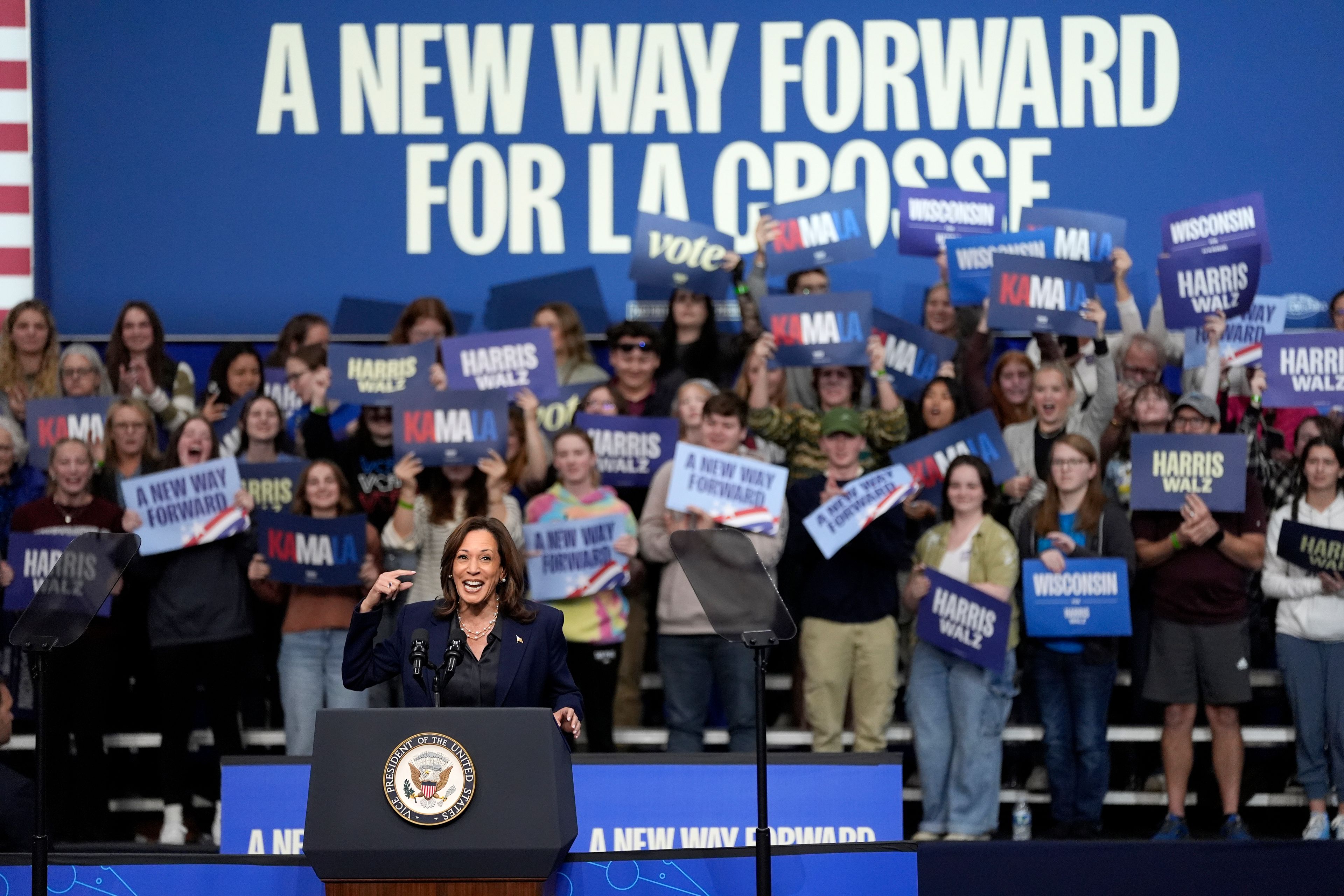 Democratic presidential nominee Vice President Kamala Harris speaks during a campaign rally at the University of Wisconsin La Crosse, in La Crosse, Wis., Thursday, Oct. 17, 2024. (AP Photo/Abbie Parr)