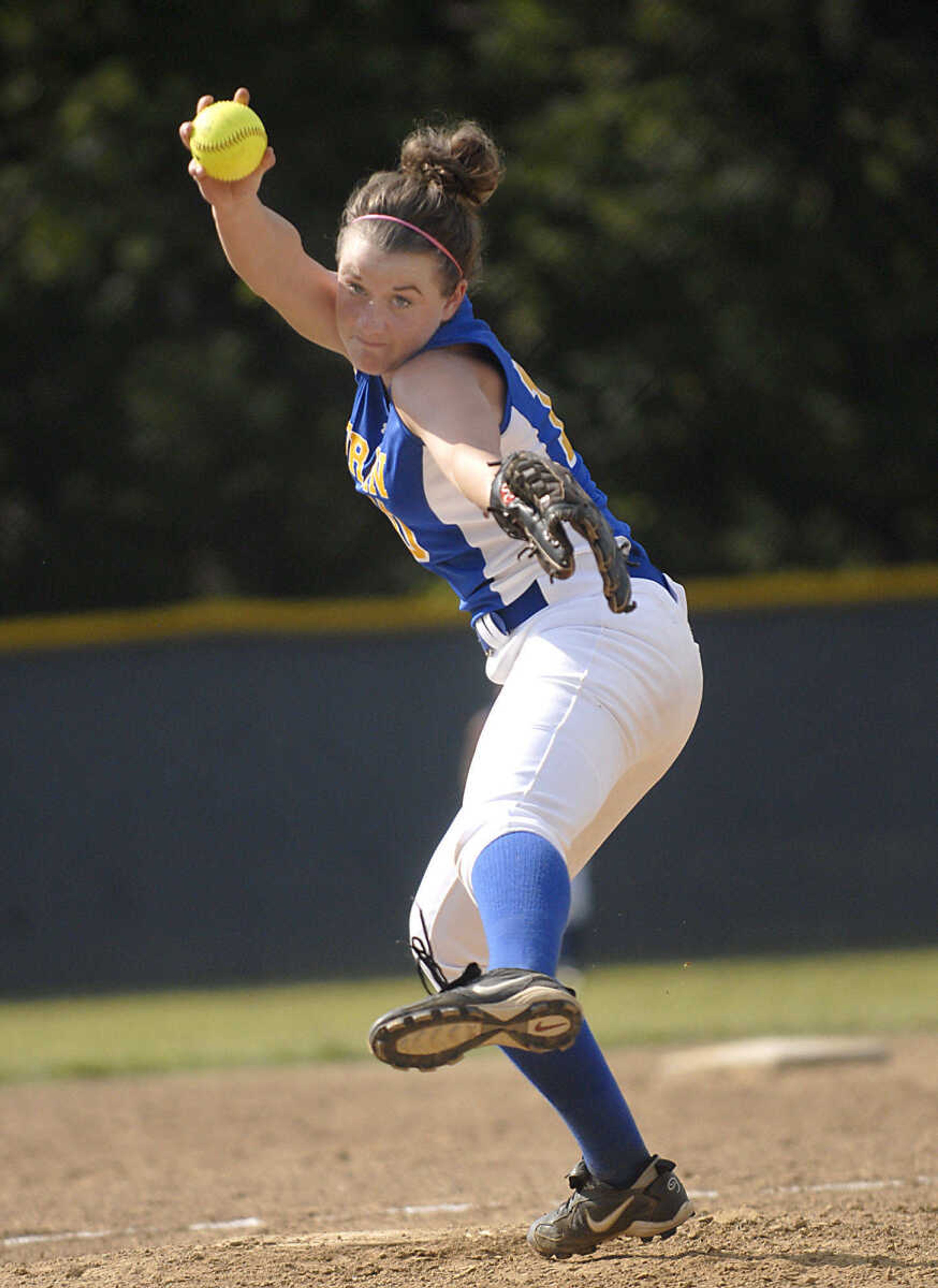 KIT DOYLE ~ kdoyle@semissourian.com
Oran starting pitcher Claire Seyer delivers against St. Vincent Tuesday afternoon, August 25, 2009, in Oran.