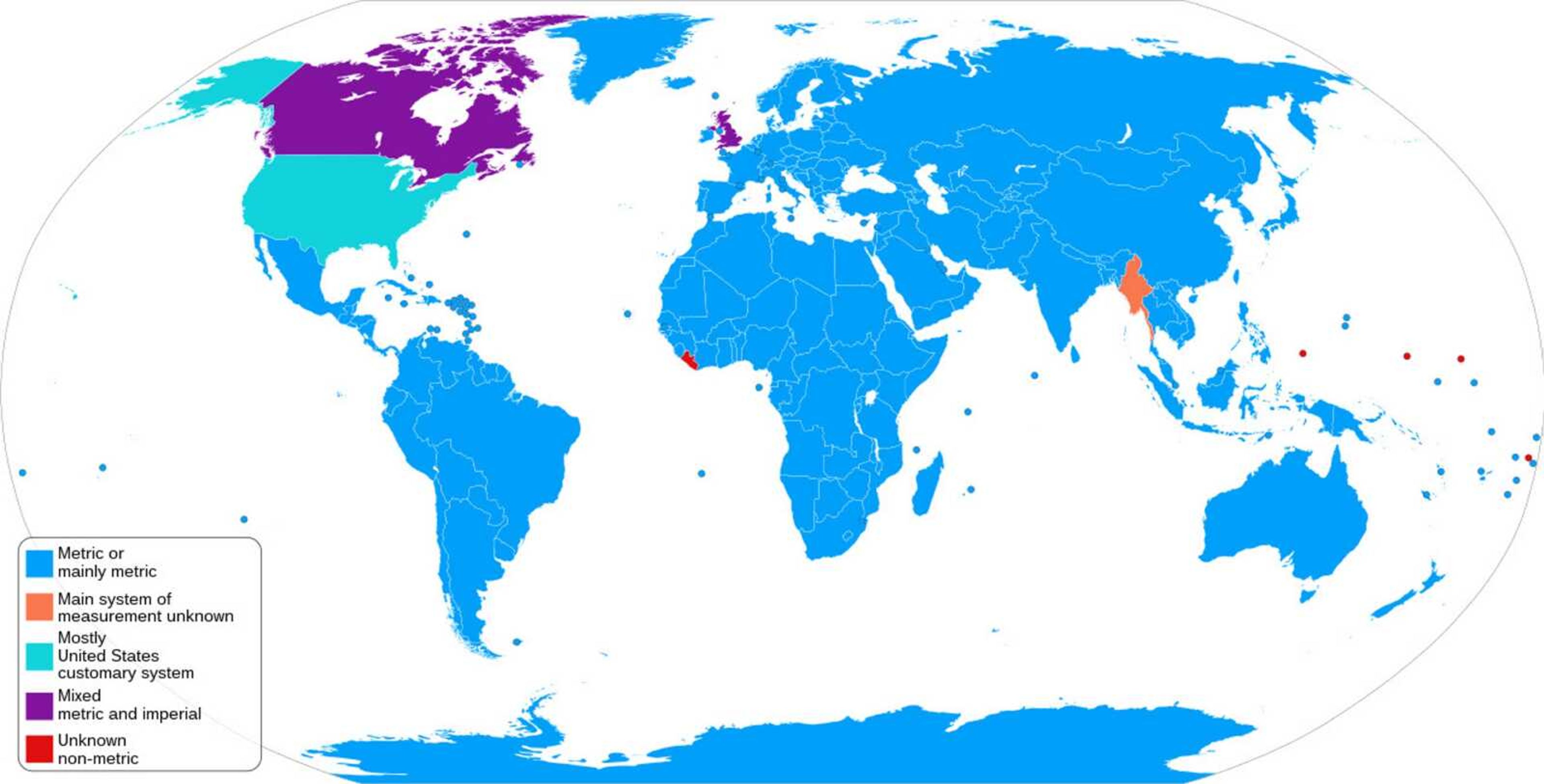 A graphic created in November 2020 indicates the dominance of the metric system as the main method of measurement in the world today. The United States is depicted in light blue, denoting the customary (or imperial) system.