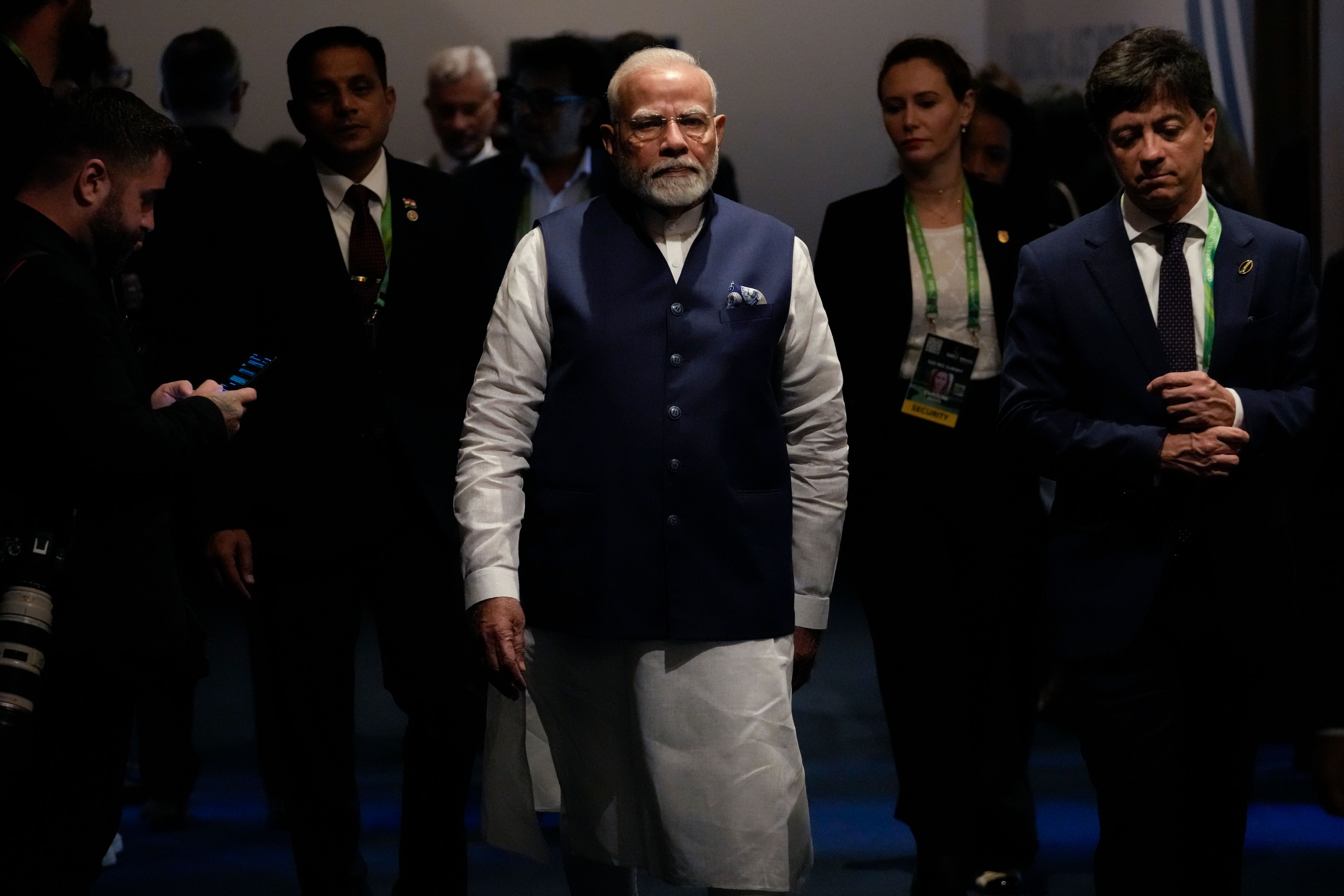 India's Prime Minister Narendra Modi arrives for a bilateral meeting with Brazil's President Luiz Inacio Lula da Silva, during the G20 Summit, in Rio de Janeiro, Tuesday, Nov. 19, 2024. (AP Photo/Eraldo Peres)