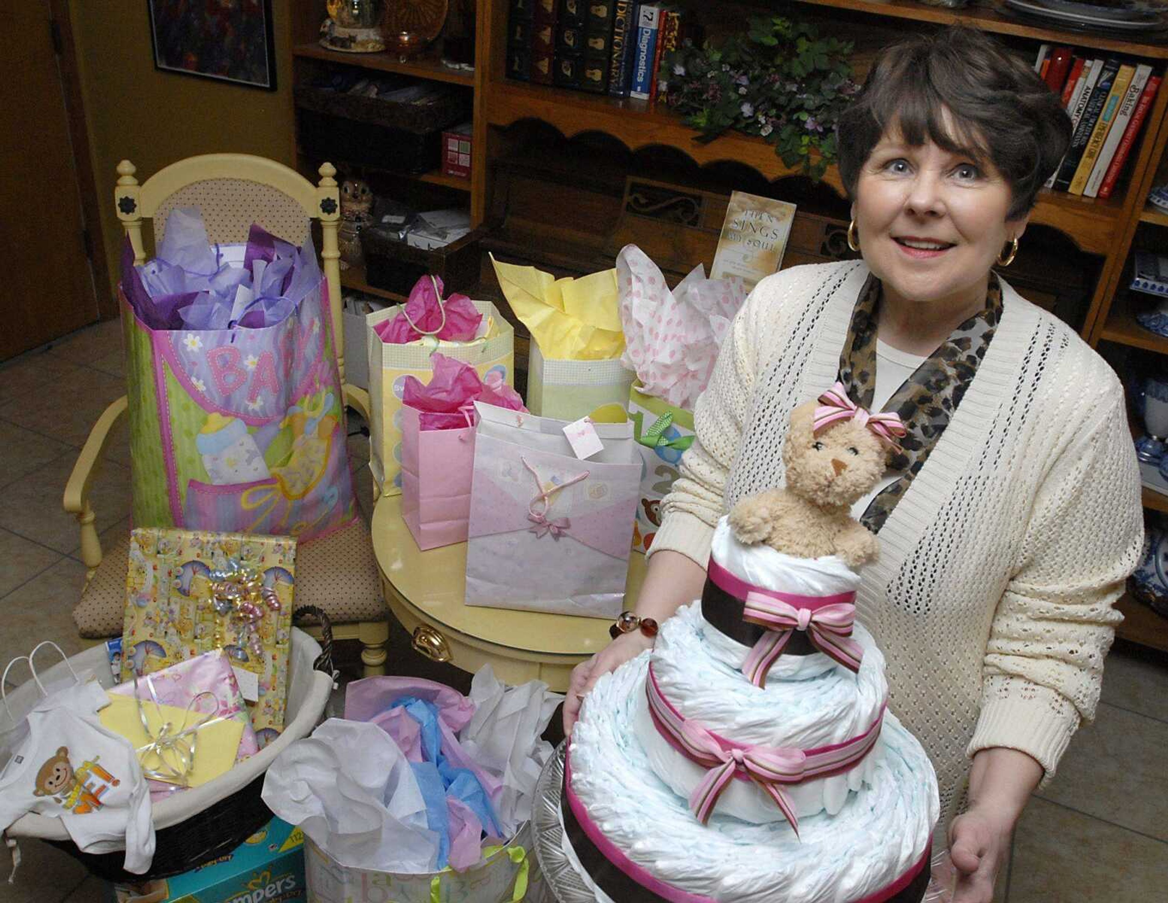 Brenda Moyers, of Scott City, celebrated her 65th birthday by holding a baby shower-themed party on Saturday, Jan. 14, 2012. Baby gifts brought by her guests were donated to Birthright. (Kristin Eberts)