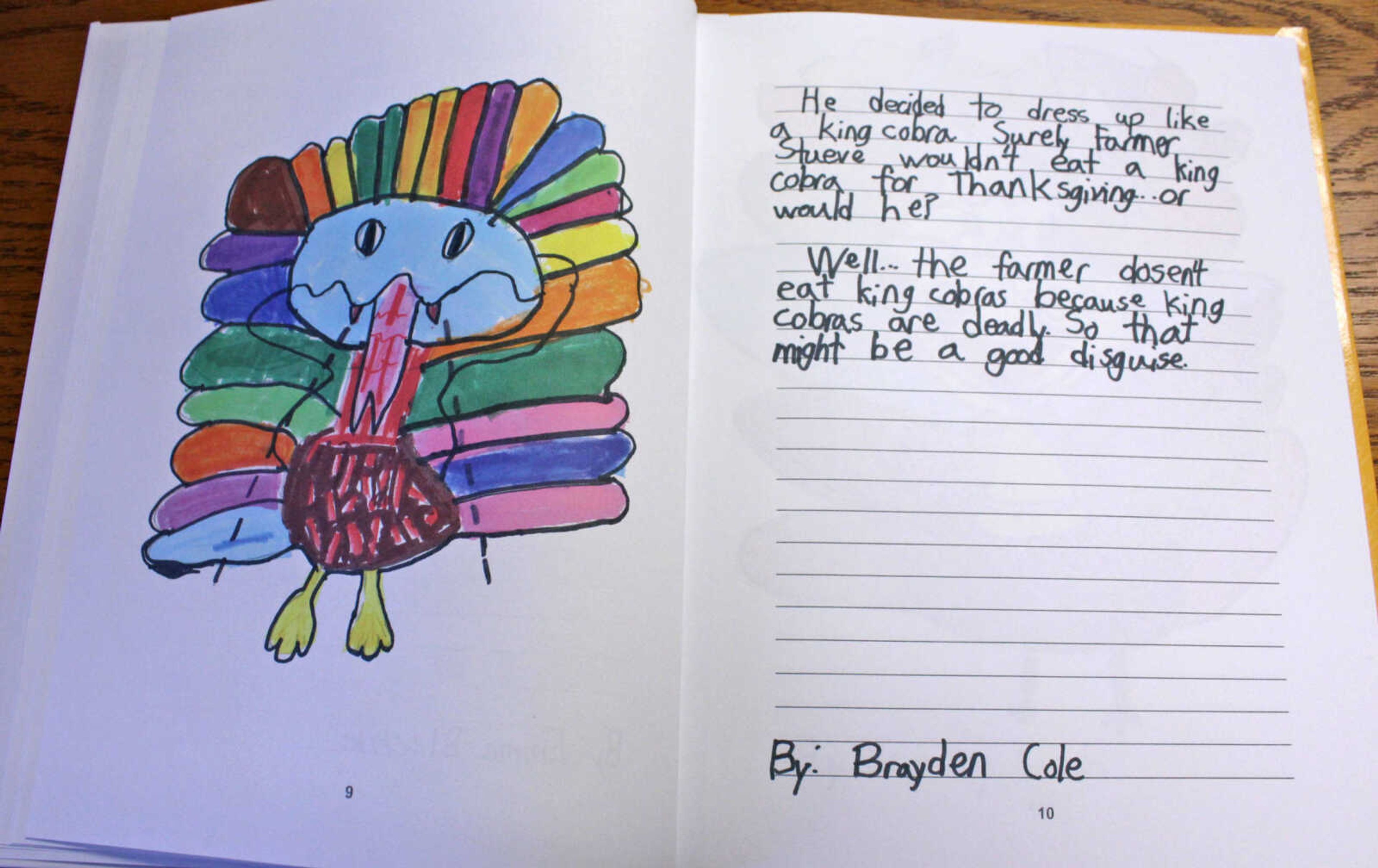 Author Brayden Cole thinks Turkey may be able to hide from Farmer Stueve if he disguises himself as a king cobra. 